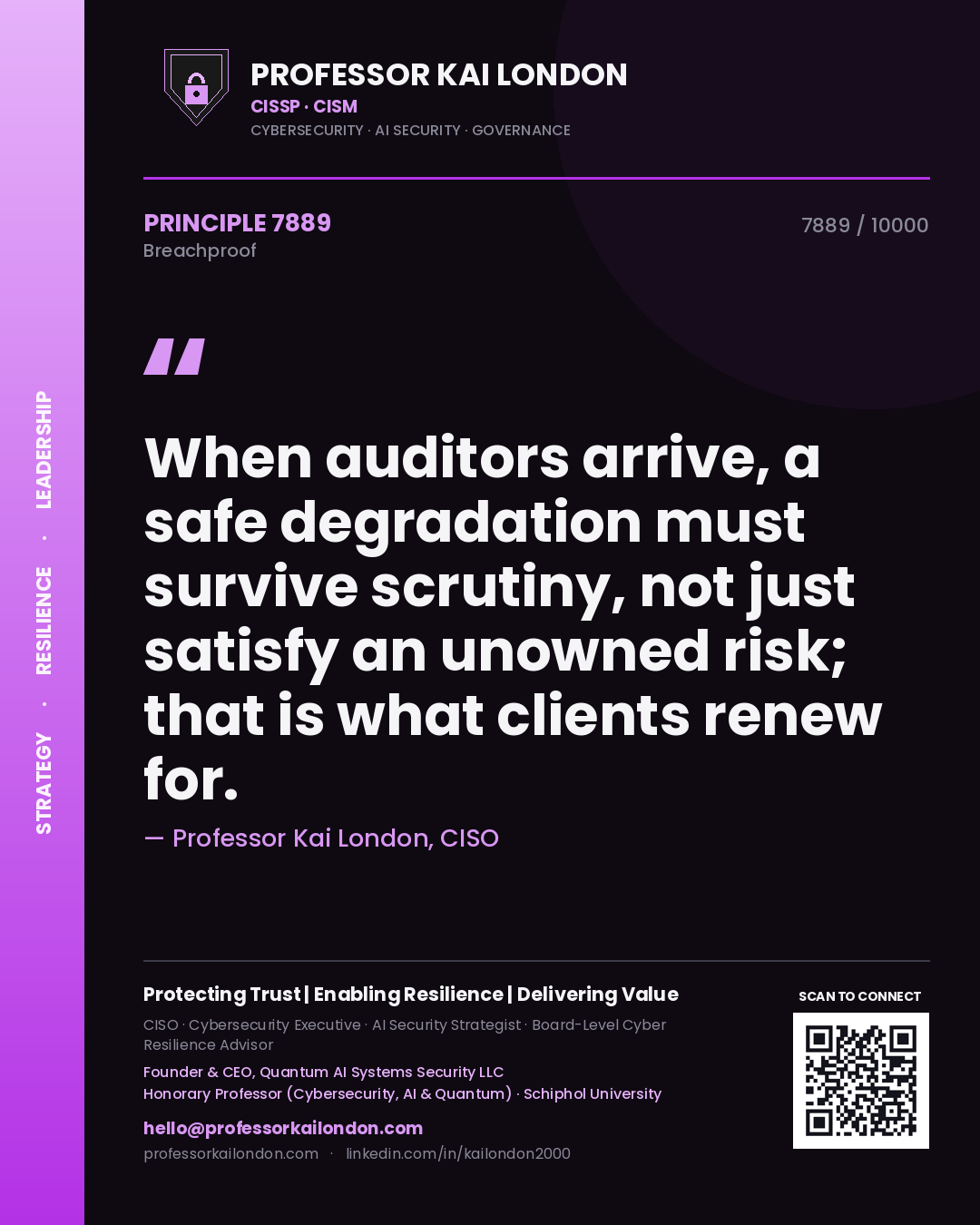 Professor Kai London principle 7889: When auditors arrive, a safe degradation must survive scrutiny, not just satisfy an unowned risk; that is what clients renew for.