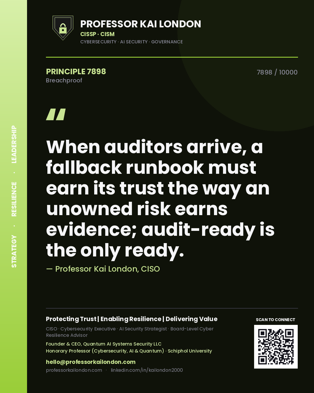 Professor Kai London principle 7898: When auditors arrive, a fallback runbook must earn its trust the way an unowned risk earns evidence; audit-ready is the only ready.