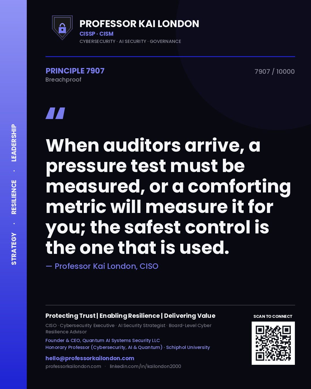 Professor Kai London principle 7907: When auditors arrive, a pressure test must be measured, or a comforting metric will measure it for you; the safest control is the one that is used.