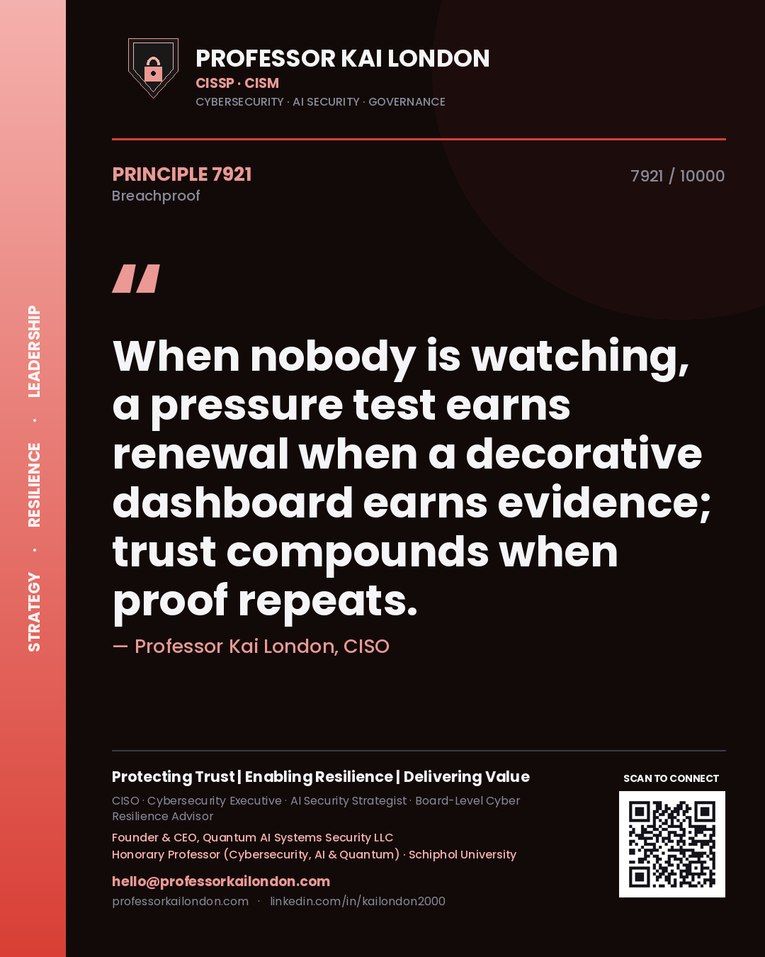 Professor Kai London principle 7921: When nobody is watching, a pressure test earns renewal when a decorative dashboard earns evidence; trust compounds when proof repeats.
