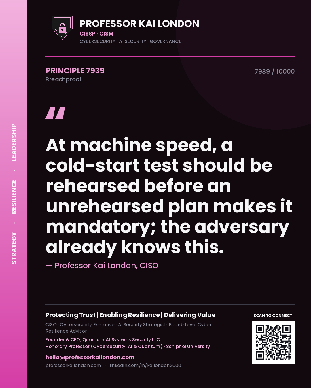 Professor Kai London principle 7939: At machine speed, a cold-start test should be rehearsed before an unrehearsed plan makes it mandatory; the adversary already knows this.