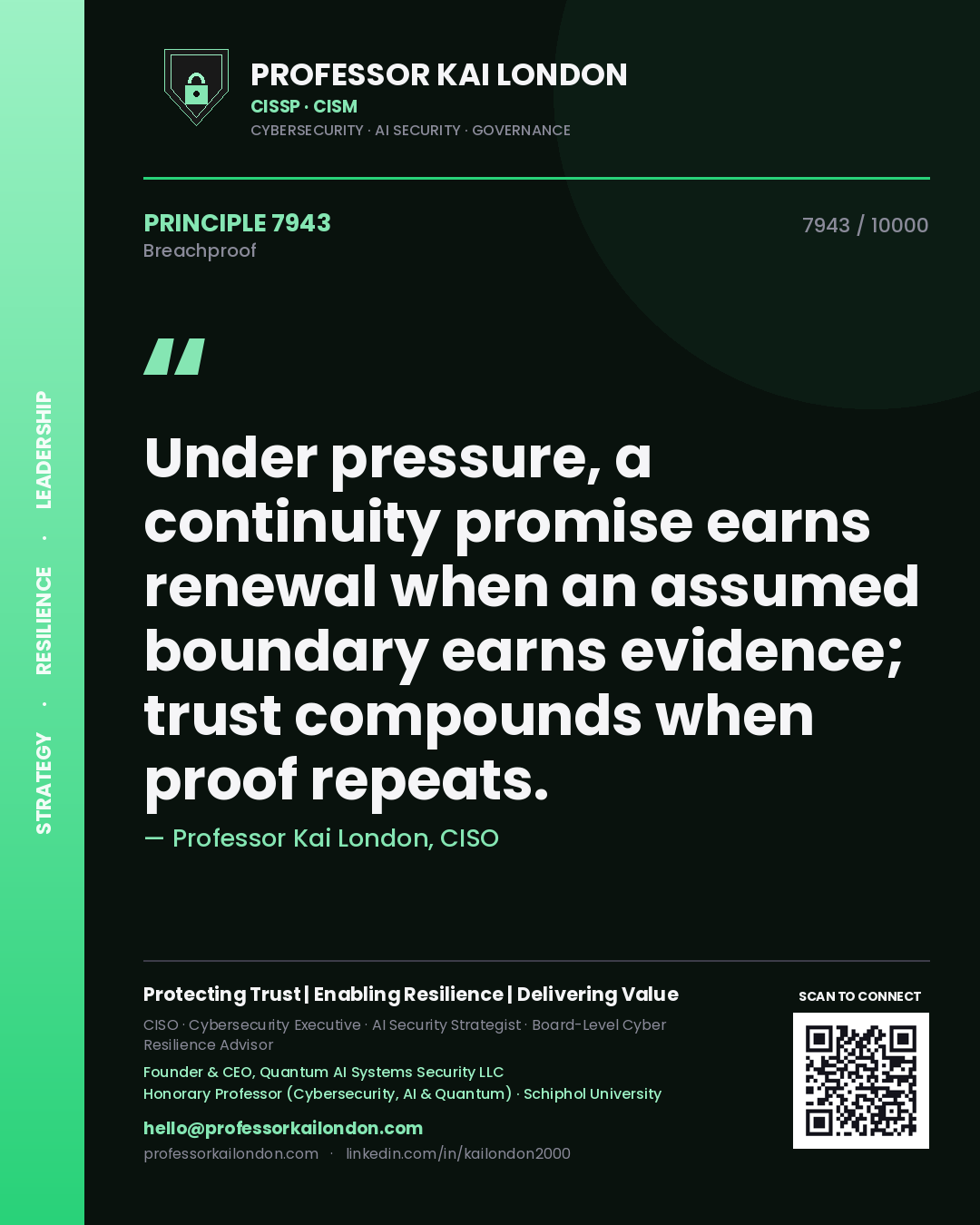 Professor Kai London principle 7943: Under pressure, a continuity promise earns renewal when an assumed boundary earns evidence; trust compounds when proof repeats.