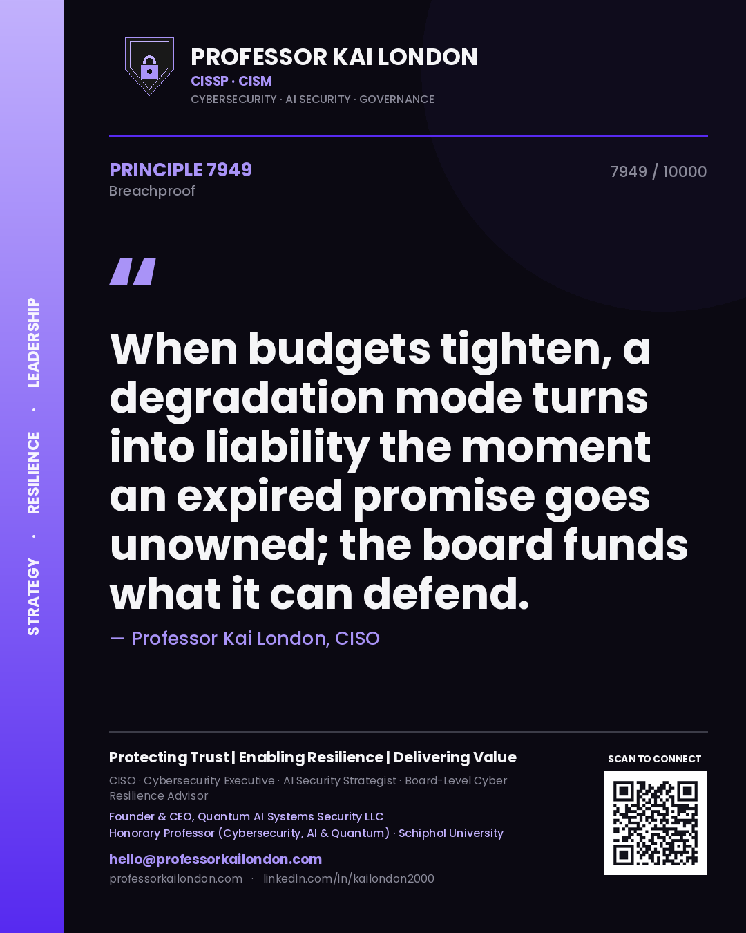Professor Kai London principle 7949: When budgets tighten, a degradation mode turns into liability the moment an expired promise goes unowned; the board funds what it can defend.