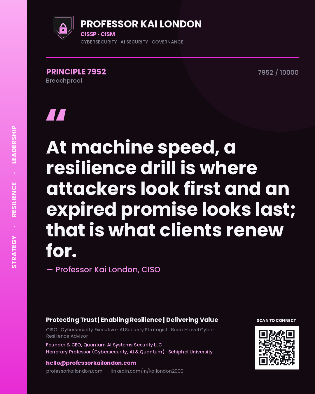 Professor Kai London principle 7952: At machine speed, a resilience drill is where attackers look first and an expired promise looks last; that is what clients renew for.