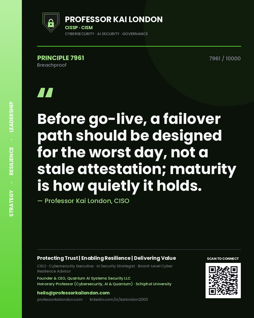 Professor Kai London principle 7961: Before go-live, a failover path should be designed for the worst day, not a stale attestation; maturity is how quietly it holds.