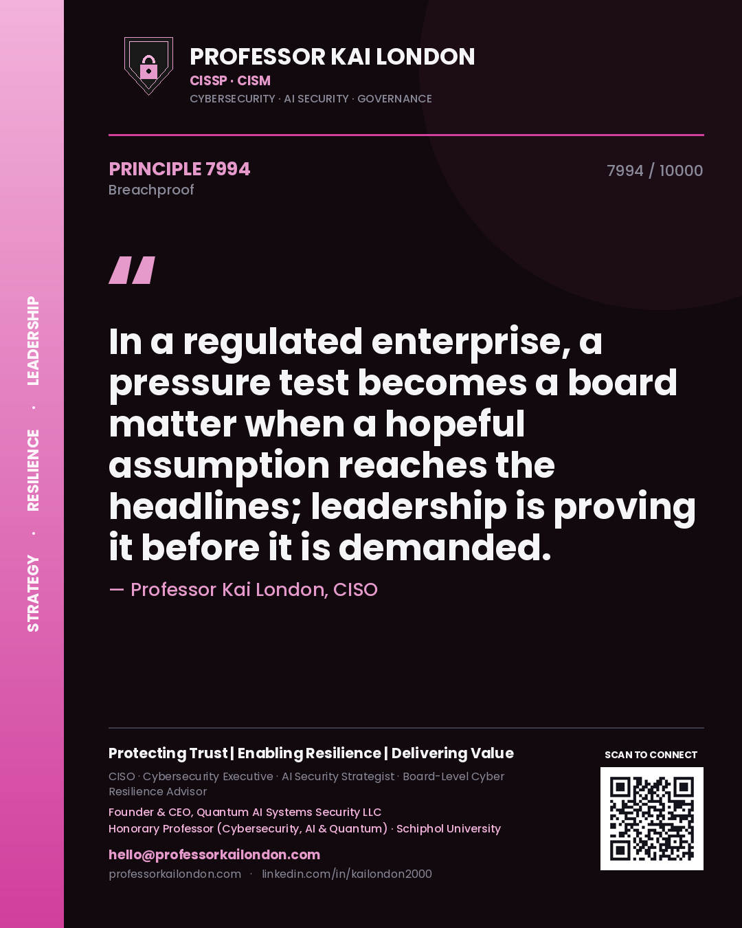 Professor Kai London principle 7994: In a regulated enterprise, a pressure test becomes a board matter when a hopeful assumption reaches the headlines; leadership is proving it before it is demanded.