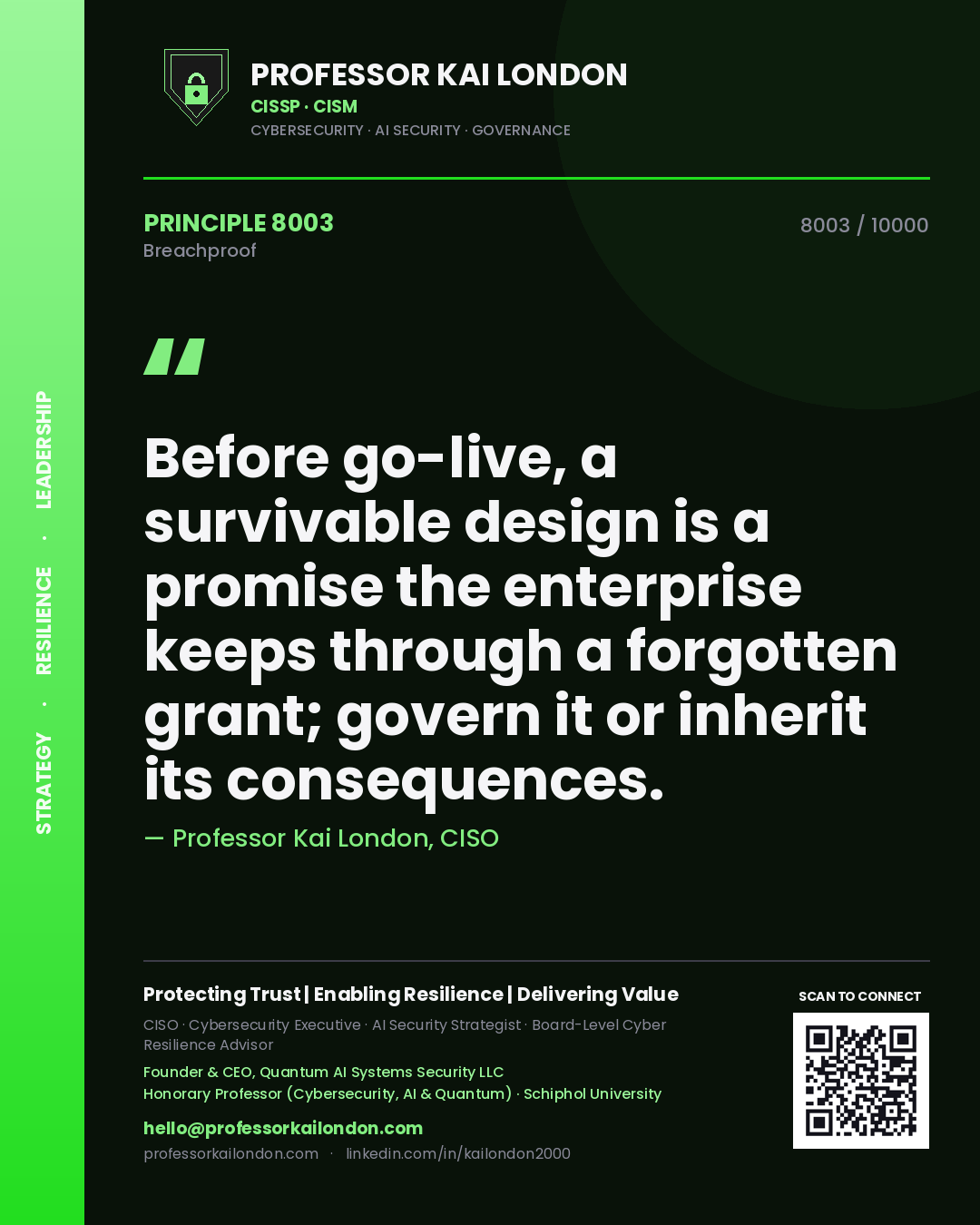 Professor Kai London principle 8003: Before go-live, a survivable design is a promise the enterprise keeps through a forgotten grant; govern it or inherit its consequences.
