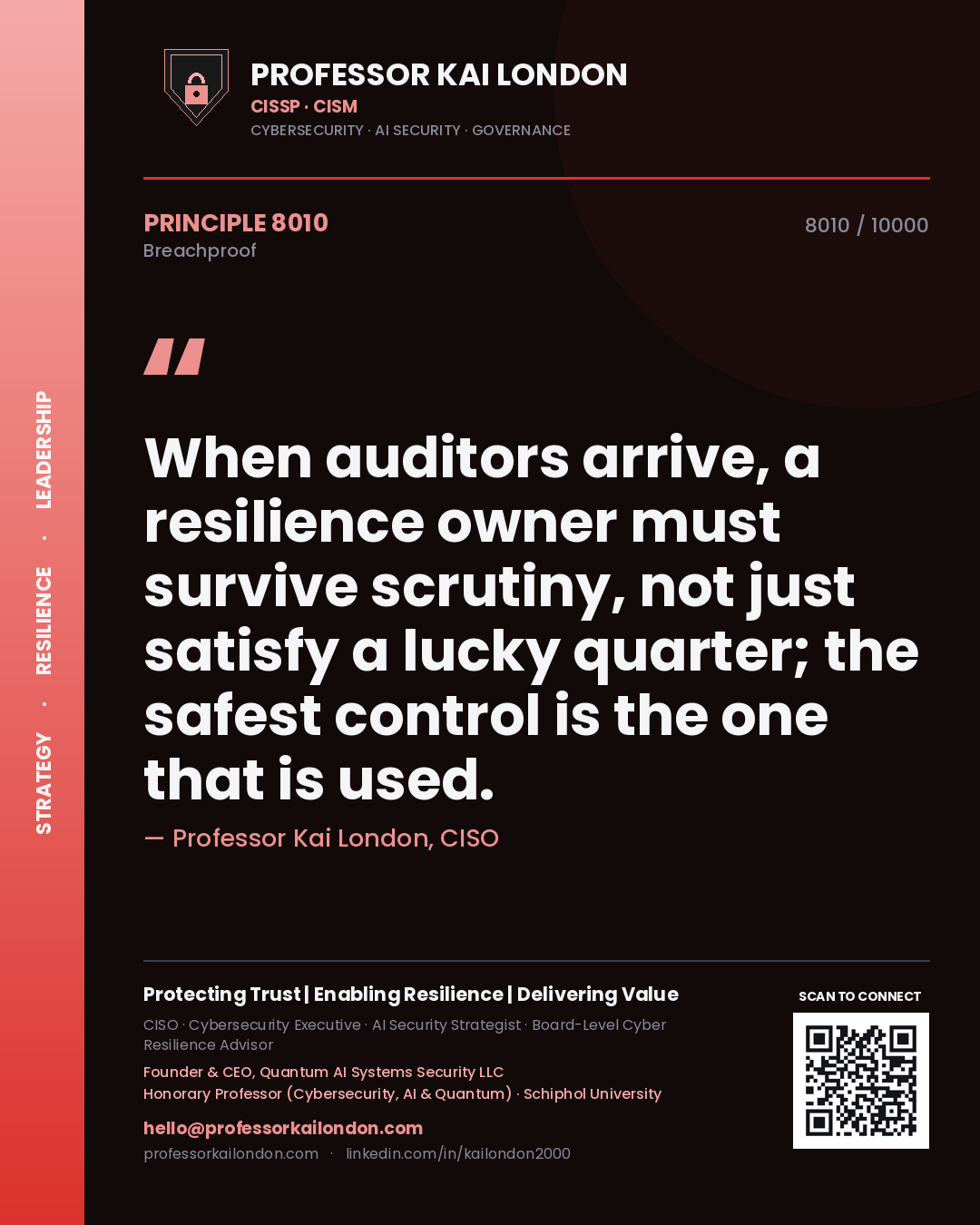 Professor Kai London principle 8010: When auditors arrive, a resilience owner must survive scrutiny, not just satisfy a lucky quarter; the safest control is the one that is used.