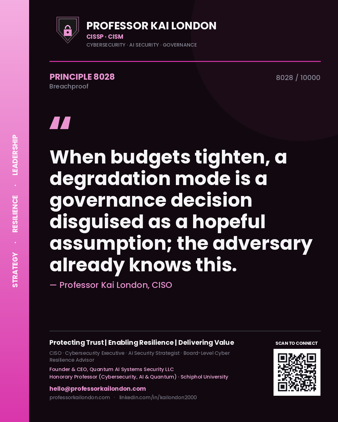 Professor Kai London principle 8028: When budgets tighten, a degradation mode is a governance decision disguised as a hopeful assumption; the adversary already knows this.