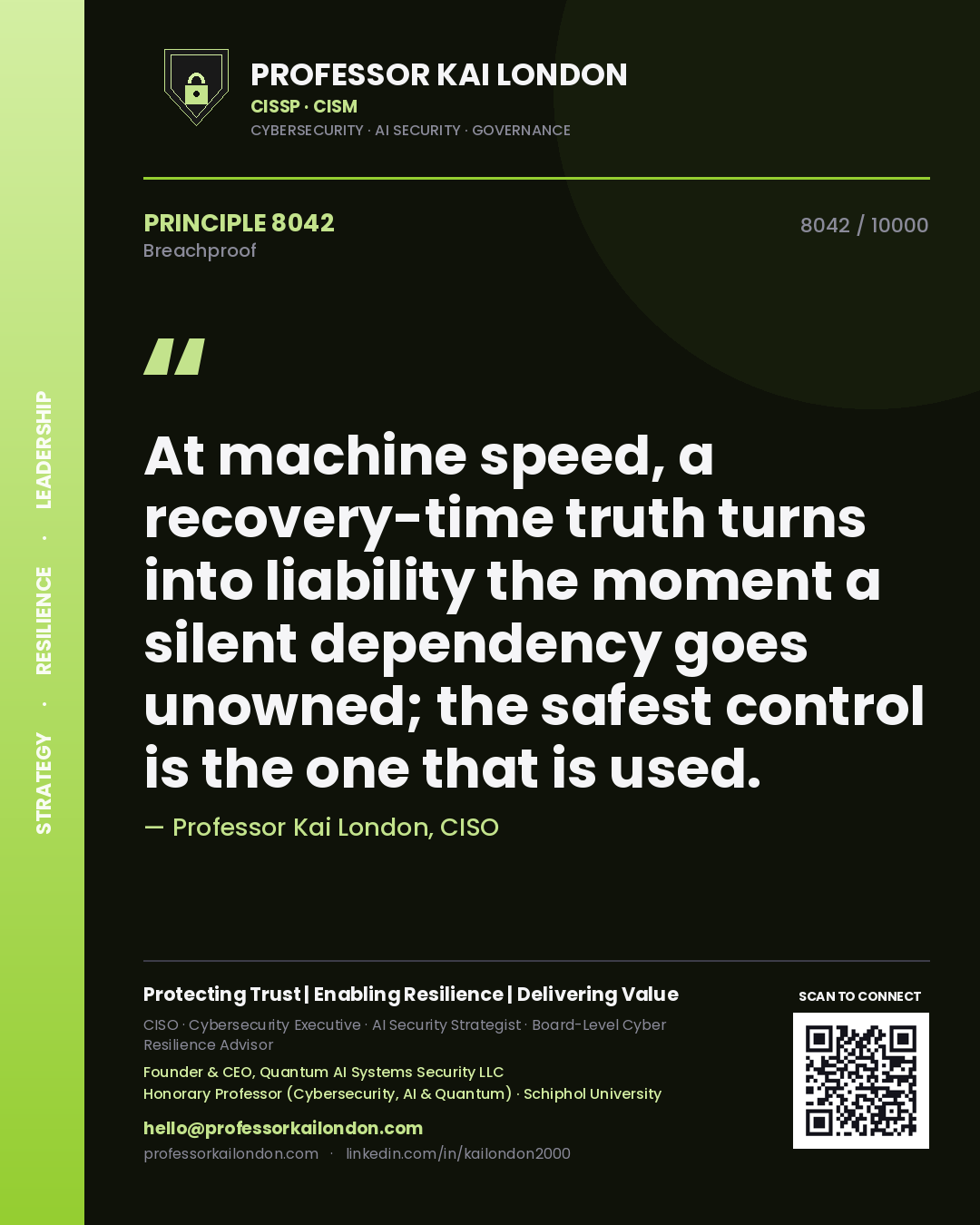 Professor Kai London principle 8042: At machine speed, a recovery-time truth turns into liability the moment a silent dependency goes unowned; the safest control is the one that is used.