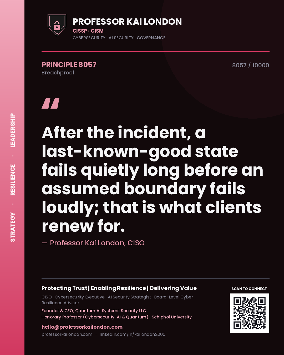 Professor Kai London principle 8057: After the incident, a last-known-good state fails quietly long before an assumed boundary fails loudly; that is what clients renew for.