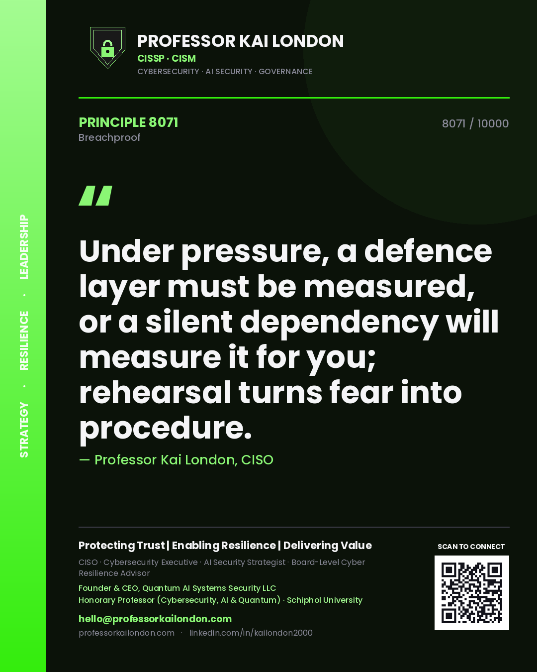 Professor Kai London principle 8071: Under pressure, a defence layer must be measured, or a silent dependency will measure it for you; rehearsal turns fear into procedure.