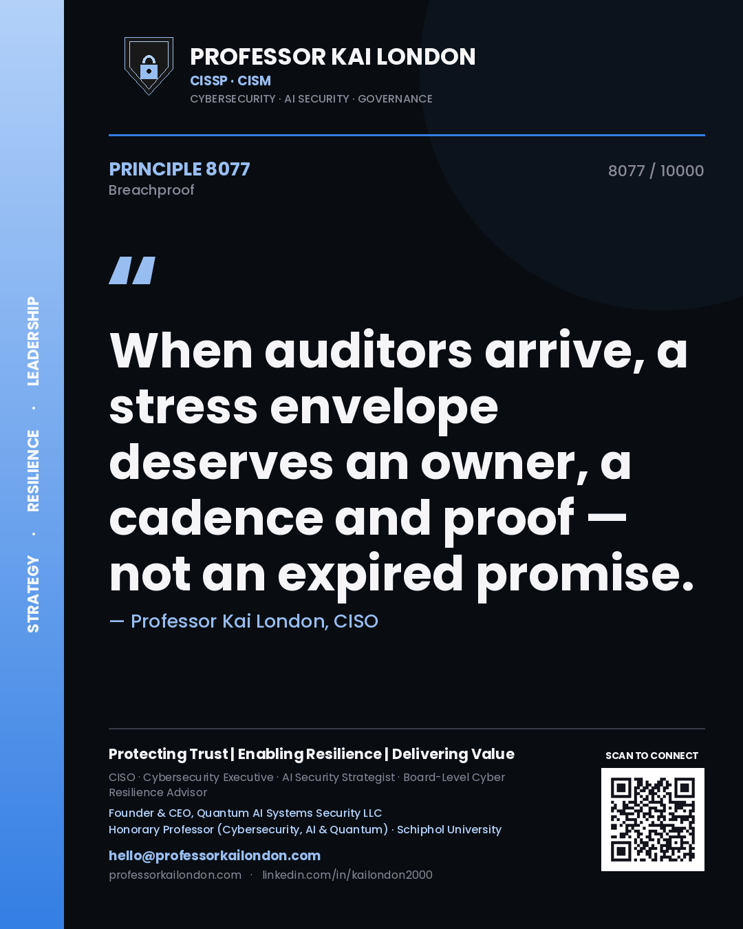 Professor Kai London principle 8077: When auditors arrive, a stress envelope deserves an owner, a cadence and proof — not an expired promise.