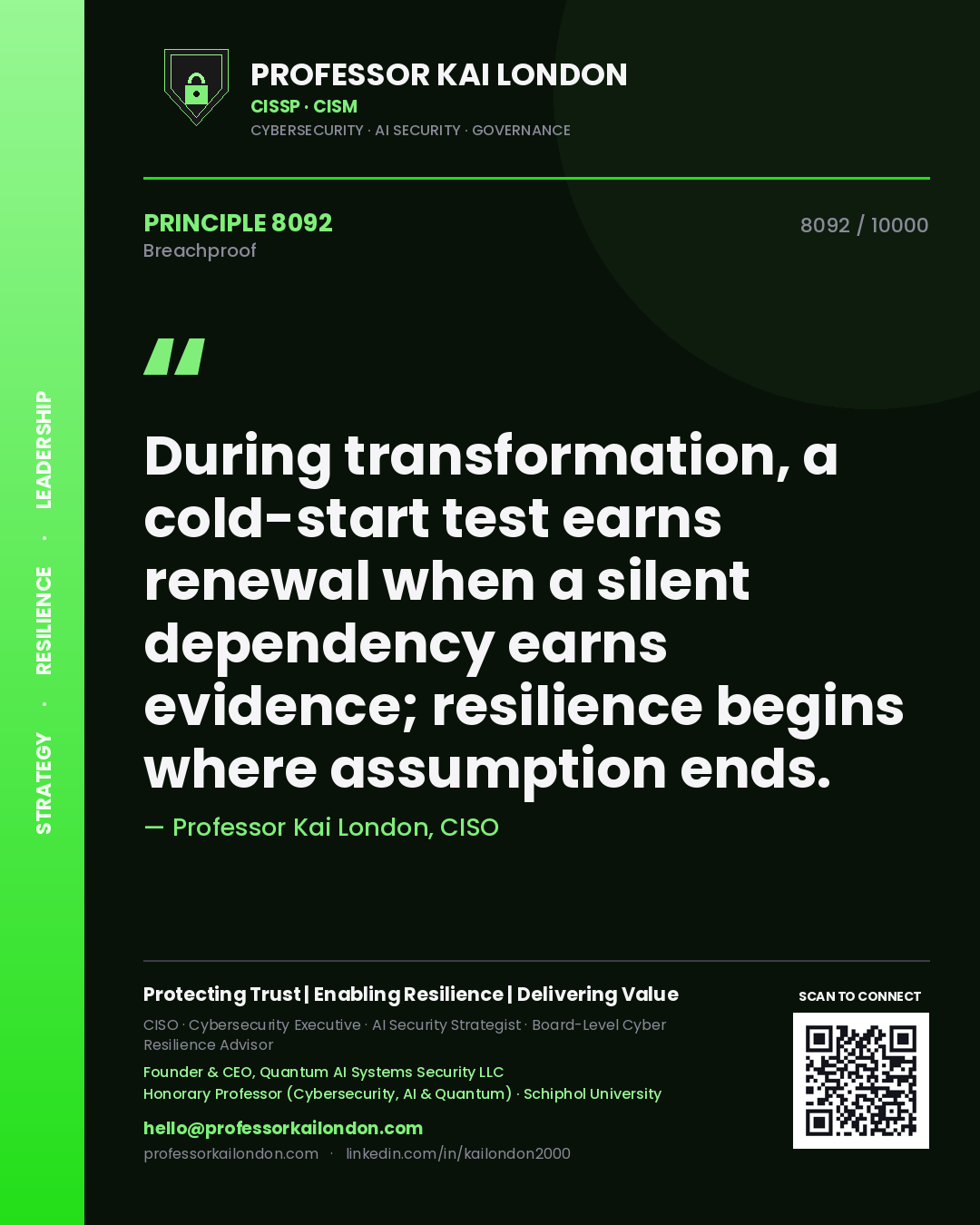 Professor Kai London principle 8092: During transformation, a cold-start test earns renewal when a silent dependency earns evidence; resilience begins where assumption ends.