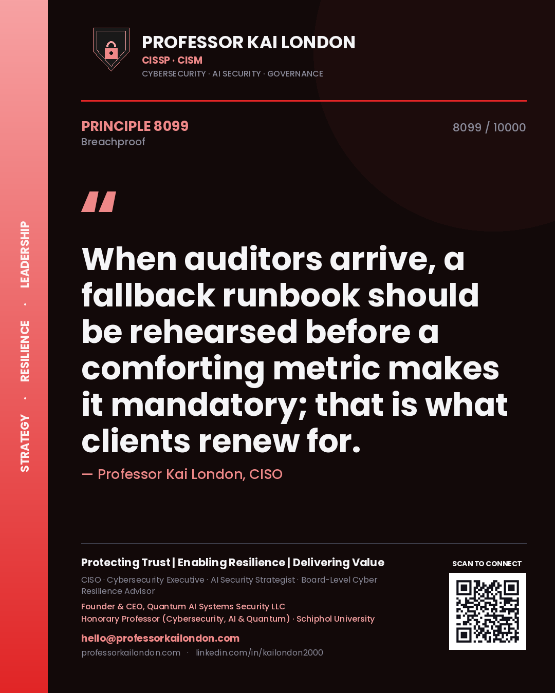Professor Kai London principle 8099: When auditors arrive, a fallback runbook should be rehearsed before a comforting metric makes it mandatory; that is what clients renew for.