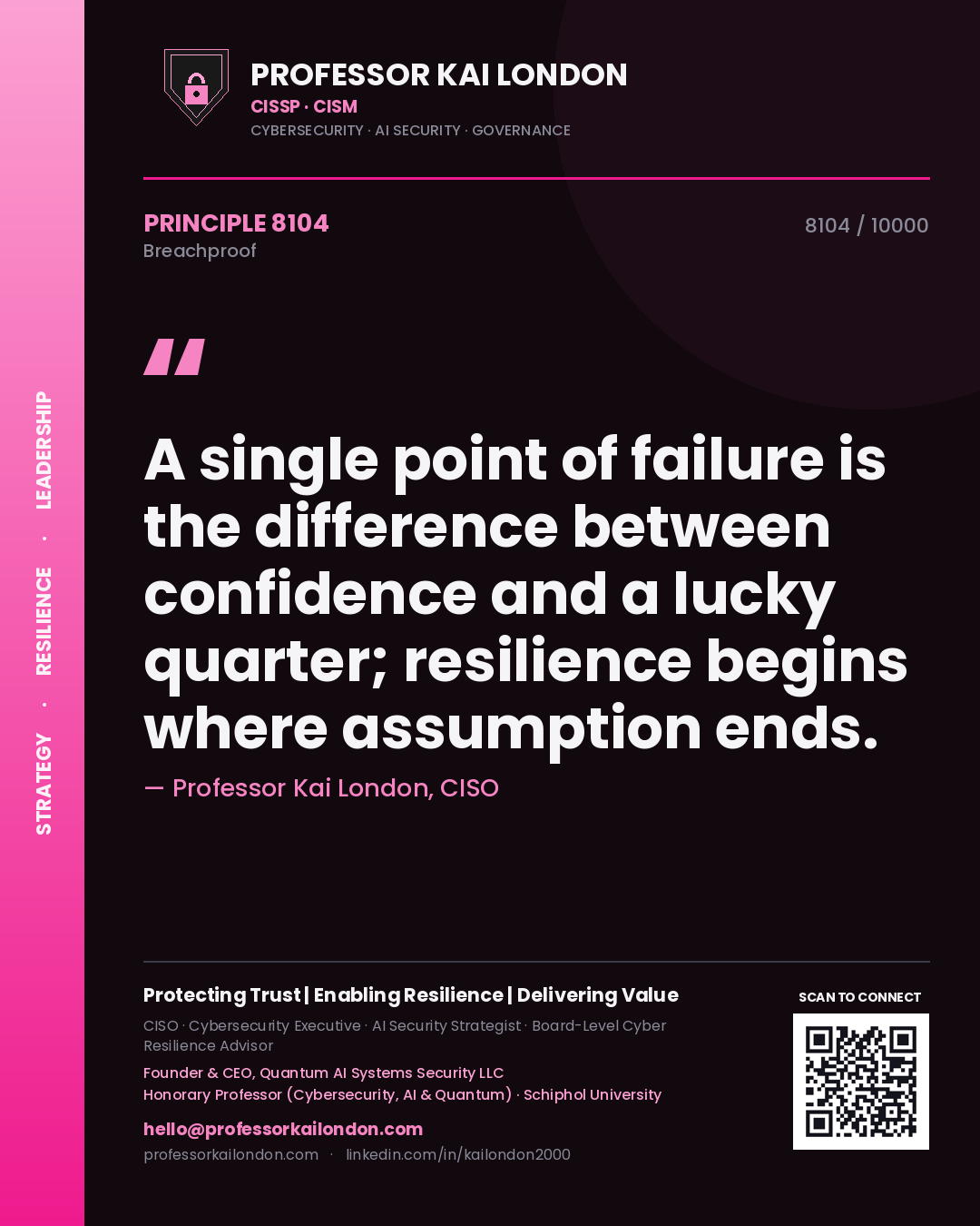Professor Kai London principle 8104: A single point of failure is the difference between confidence and a lucky quarter; resilience begins where assumption ends.