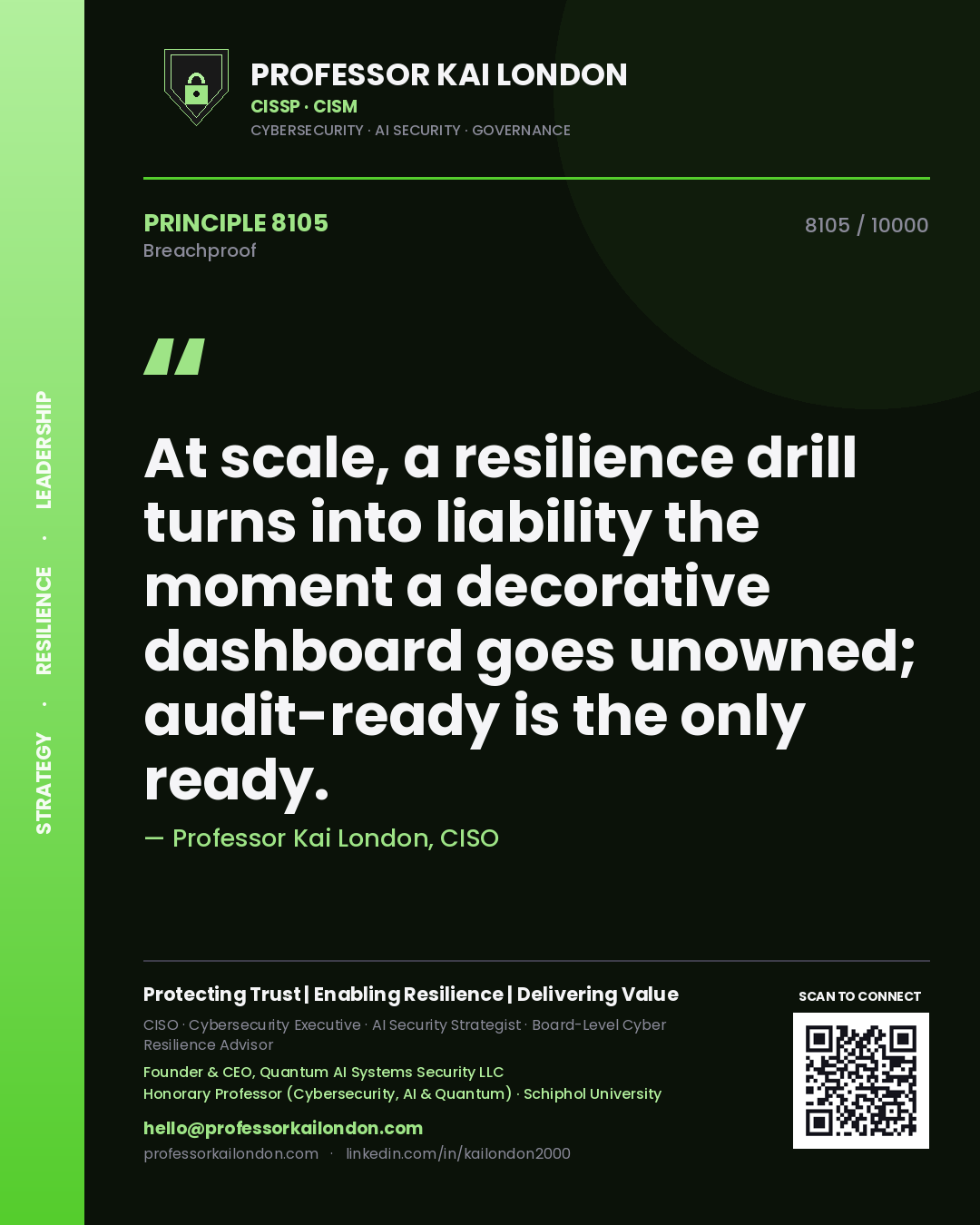 Professor Kai London principle 8105: At scale, a resilience drill turns into liability the moment a decorative dashboard goes unowned; audit-ready is the only ready.