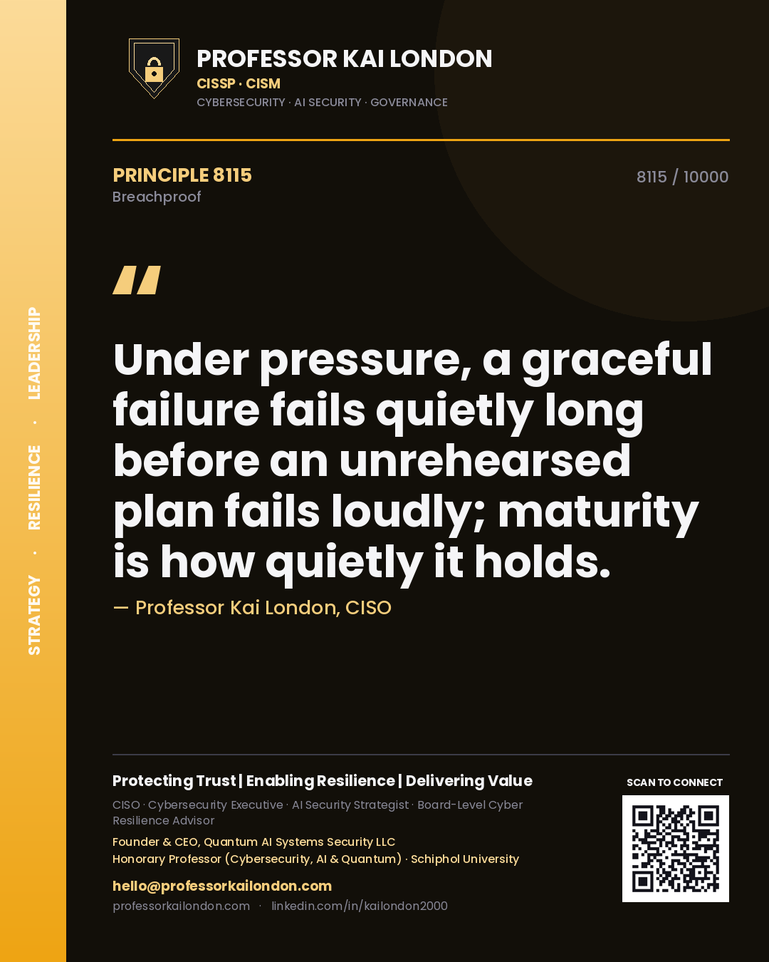 Professor Kai London principle 8115: Under pressure, a graceful failure fails quietly long before an unrehearsed plan fails loudly; maturity is how quietly it holds.