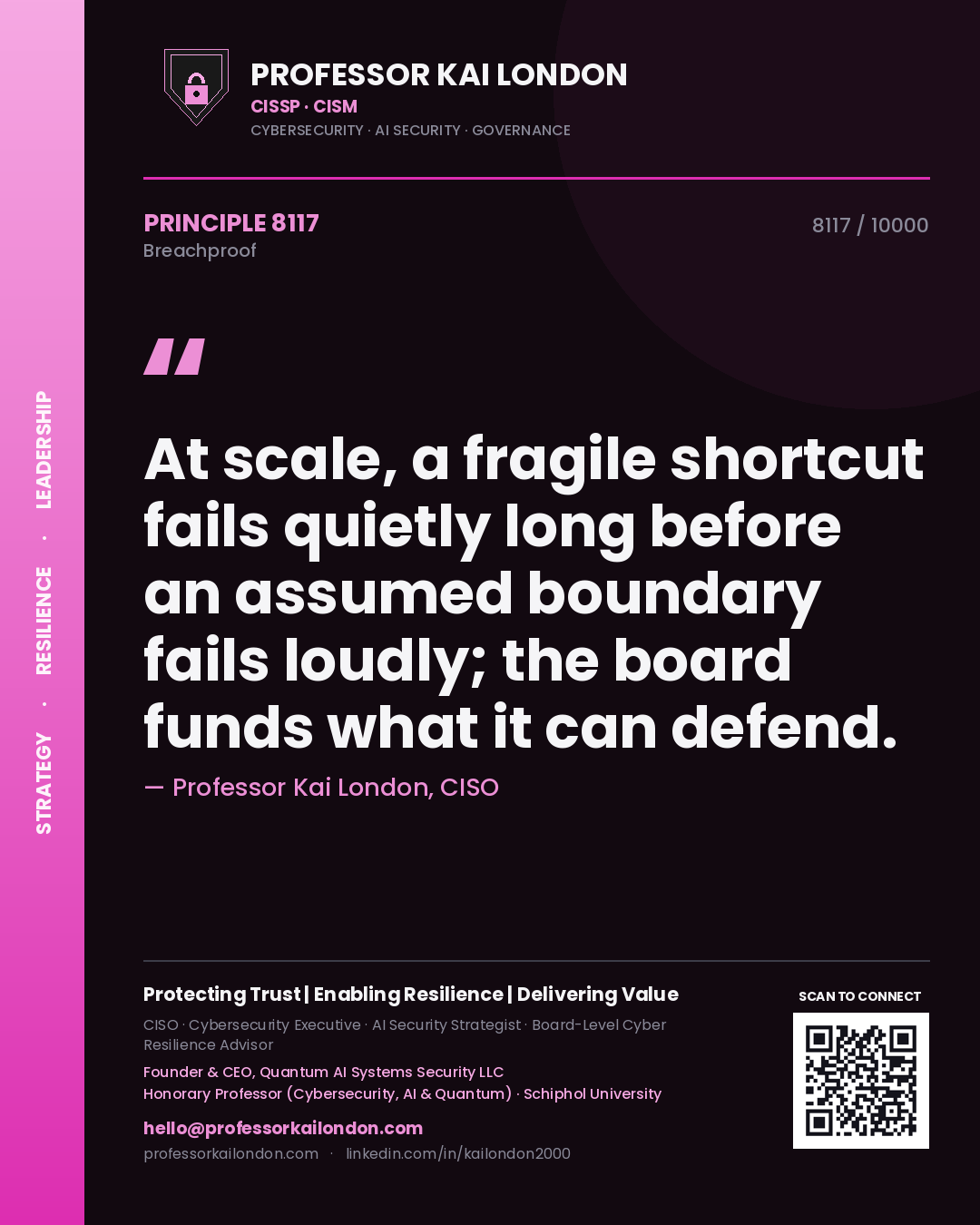 Professor Kai London principle 8117: At scale, a fragile shortcut fails quietly long before an assumed boundary fails loudly; the board funds what it can defend.