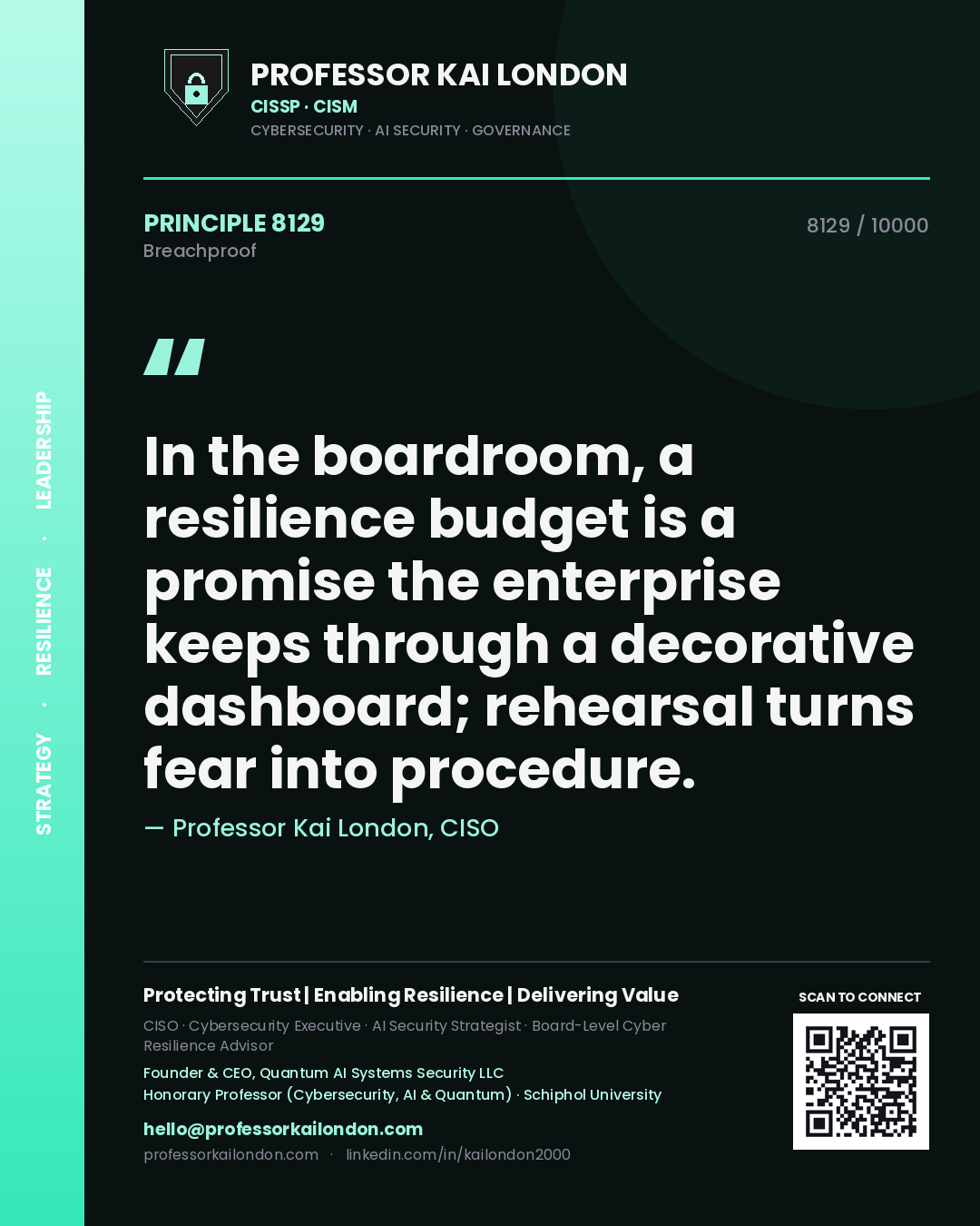 Professor Kai London principle 8129: In the boardroom, a resilience budget is a promise the enterprise keeps through a decorative dashboard; rehearsal turns fear into procedure.