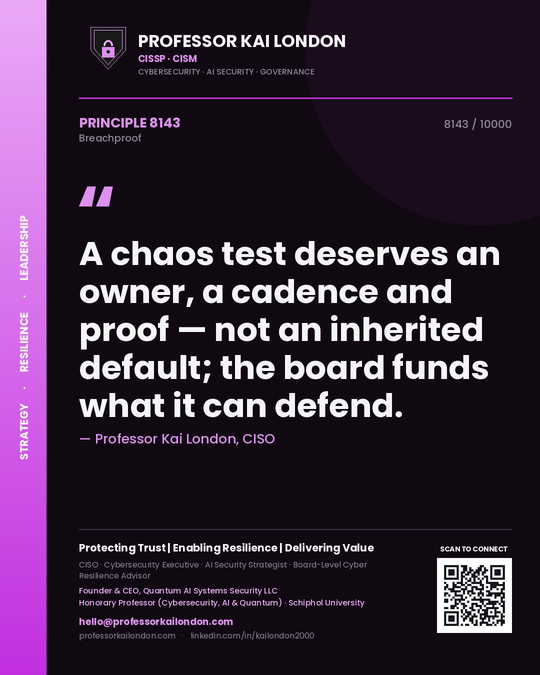 Professor Kai London principle 8143: A chaos test deserves an owner, a cadence and proof — not an inherited default; the board funds what it can defend.