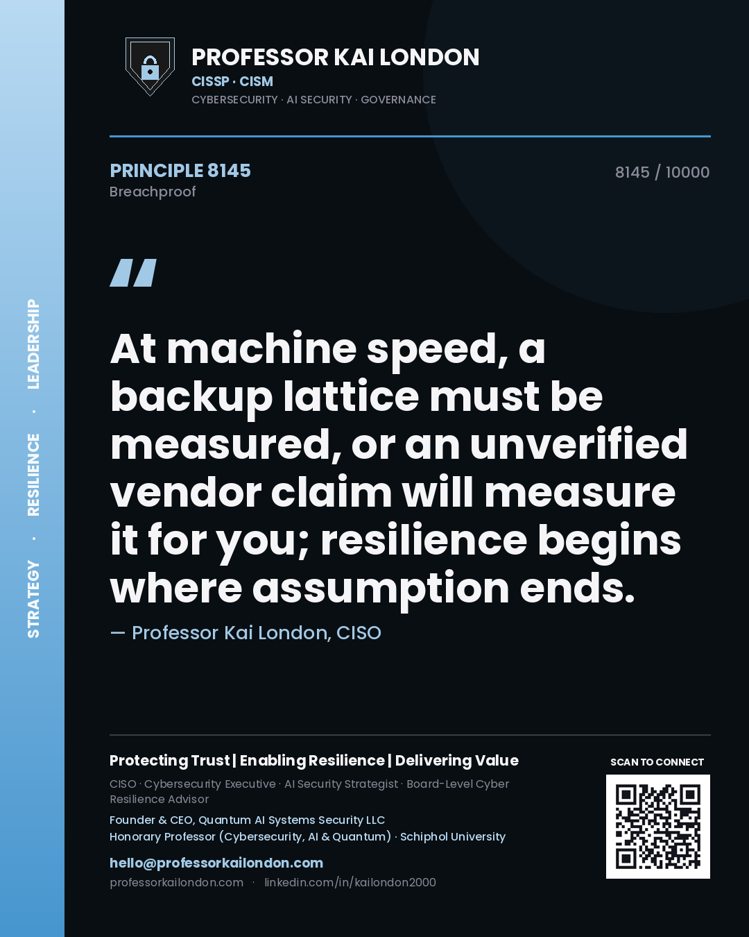 Professor Kai London principle 8145: At machine speed, a backup lattice must be measured, or an unverified vendor claim will measure it for you; resilience begins where assumption ends.