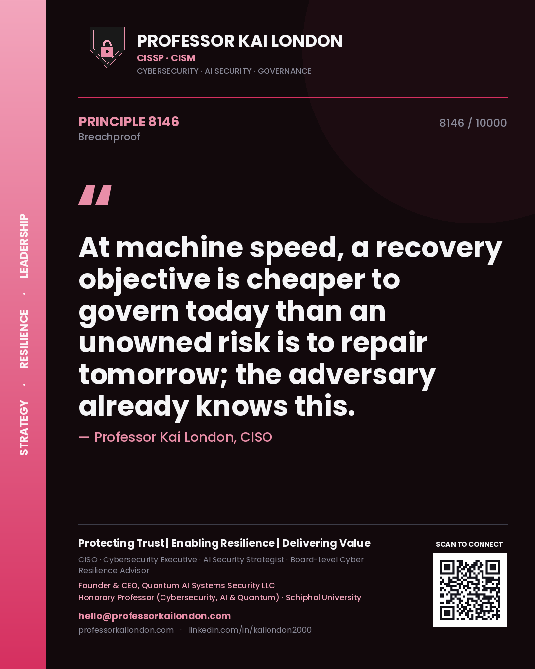 Professor Kai London principle 8146: At machine speed, a recovery objective is cheaper to govern today than an unowned risk is to repair tomorrow; the adversary already knows this.