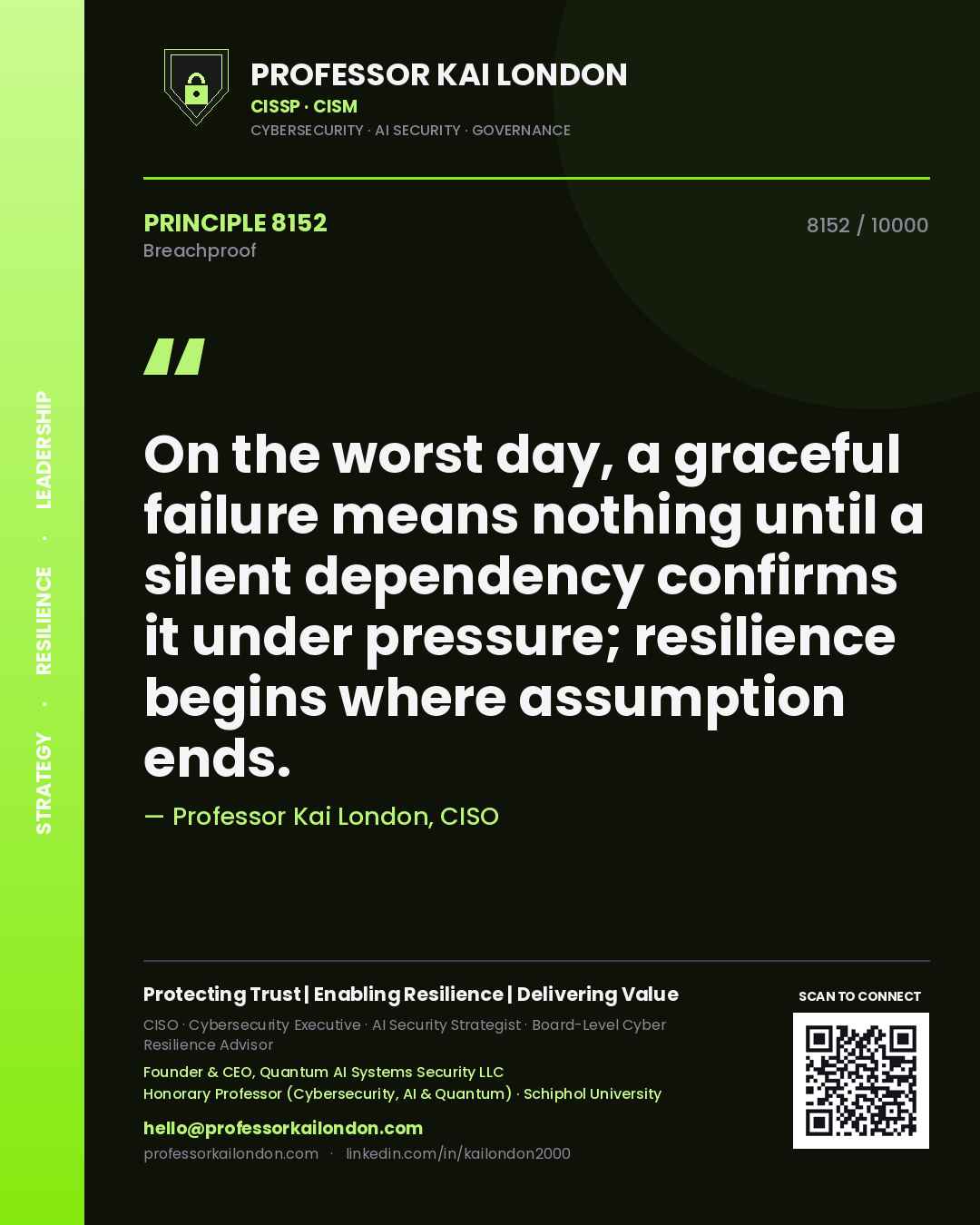 Professor Kai London principle 8152: On the worst day, a graceful failure means nothing until a silent dependency confirms it under pressure; resilience begins where assumption ends.