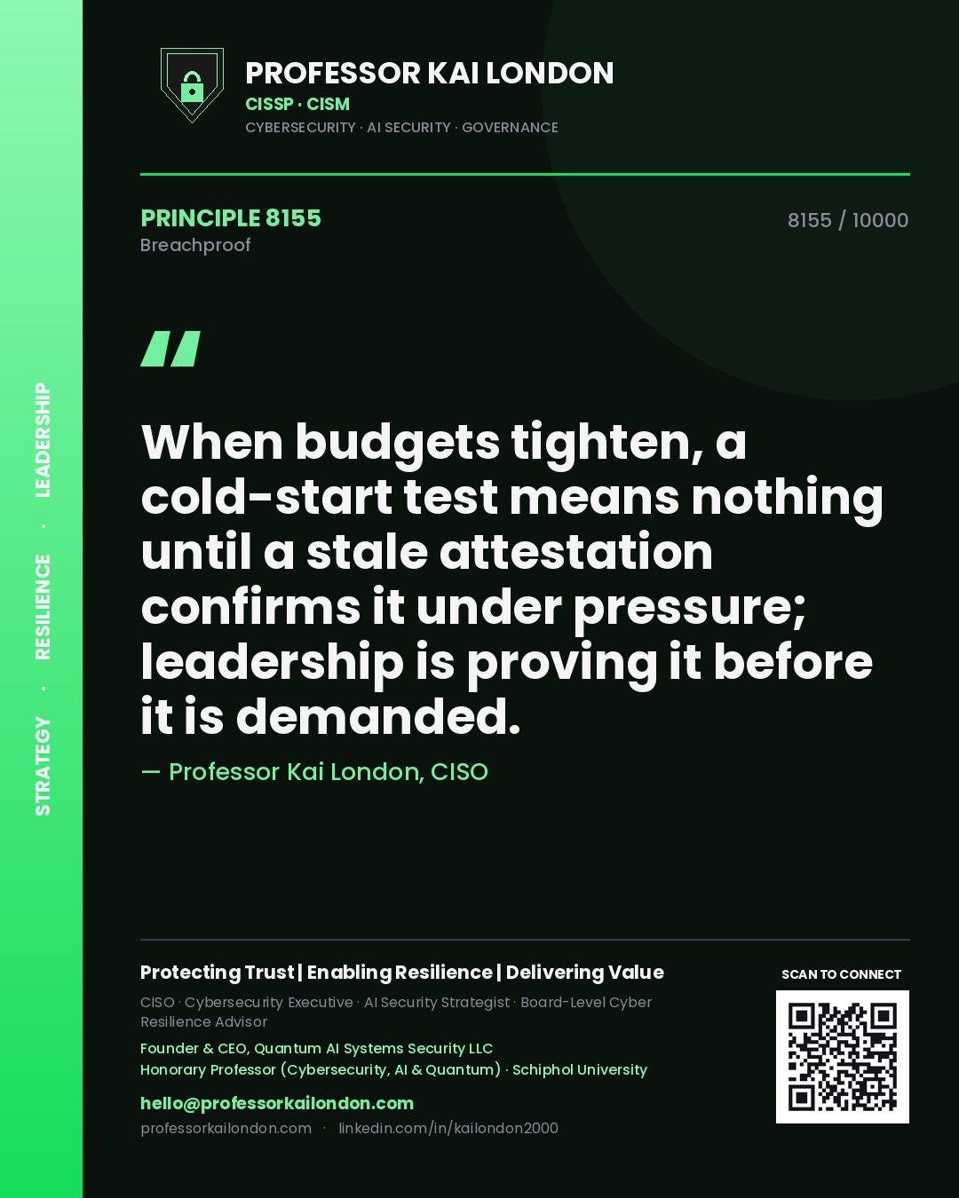 Professor Kai London principle 8155: When budgets tighten, a cold-start test means nothing until a stale attestation confirms it under pressure; leadership is proving it before it is demanded.
