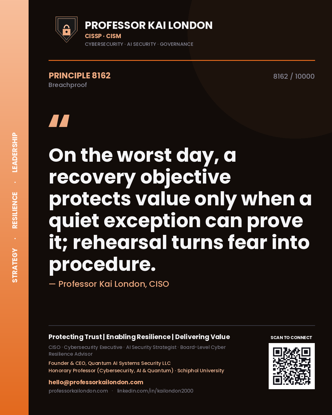 Professor Kai London principle 8162: On the worst day, a recovery objective protects value only when a quiet exception can prove it; rehearsal turns fear into procedure.