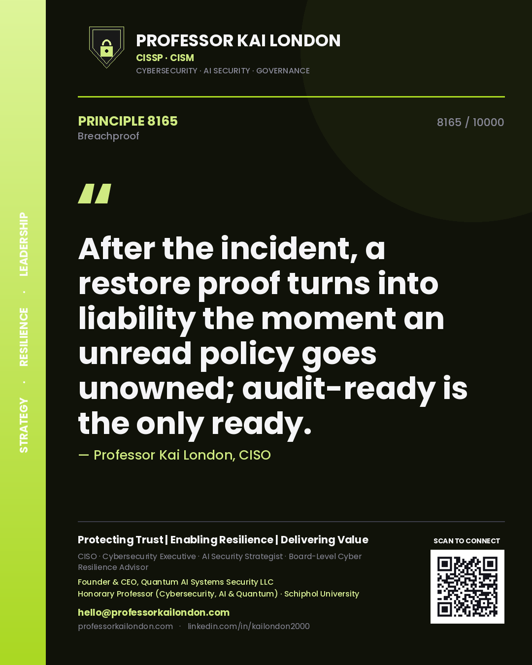 Professor Kai London principle 8165: After the incident, a restore proof turns into liability the moment an unread policy goes unowned; audit-ready is the only ready.
