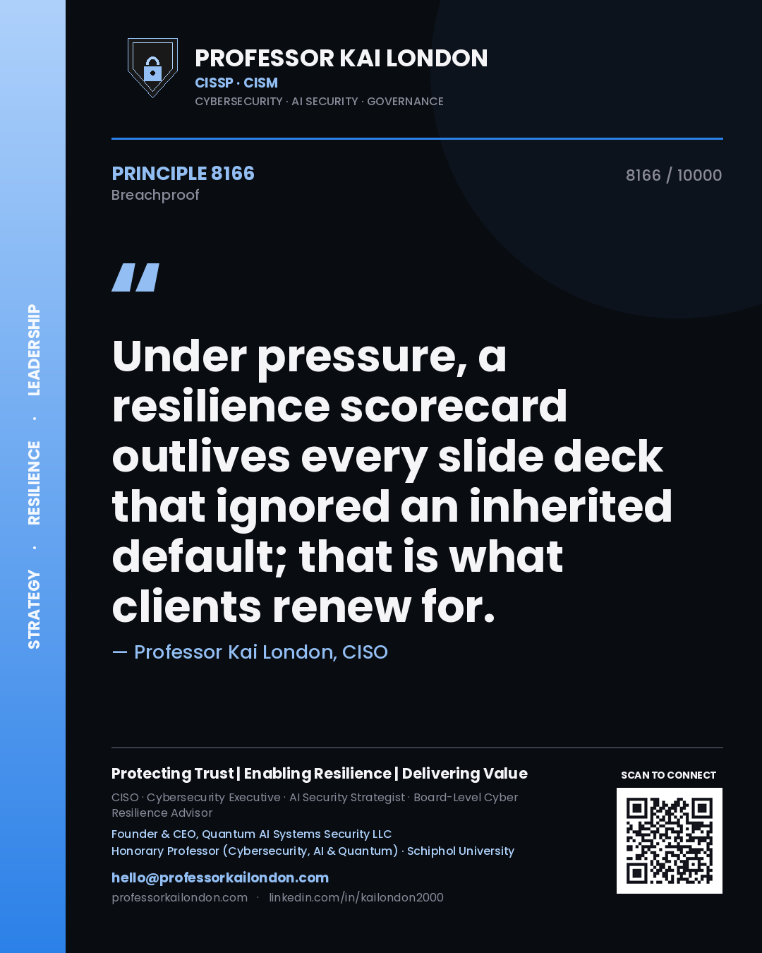 Professor Kai London principle 8166: Under pressure, a resilience scorecard outlives every slide deck that ignored an inherited default; that is what clients renew for.