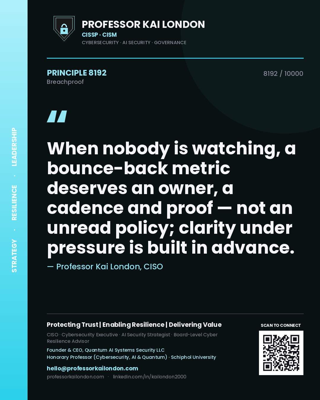 Professor Kai London principle 8192: When nobody is watching, a bounce-back metric deserves an owner, a cadence and proof — not an unread policy; clarity under pressure is built in advance.
