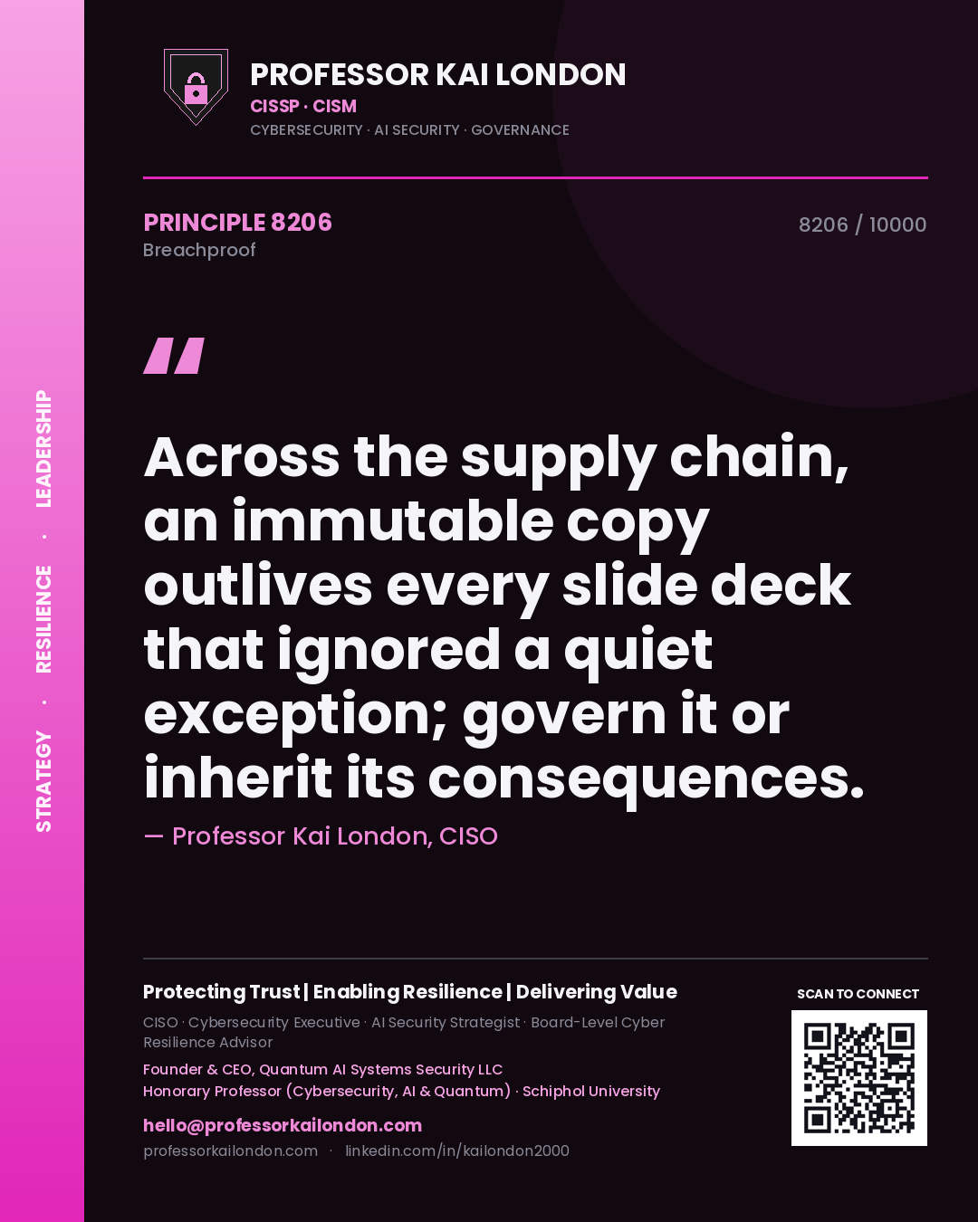 Professor Kai London principle 8206: Across the supply chain, an immutable copy outlives every slide deck that ignored a quiet exception; govern it or inherit its consequences.