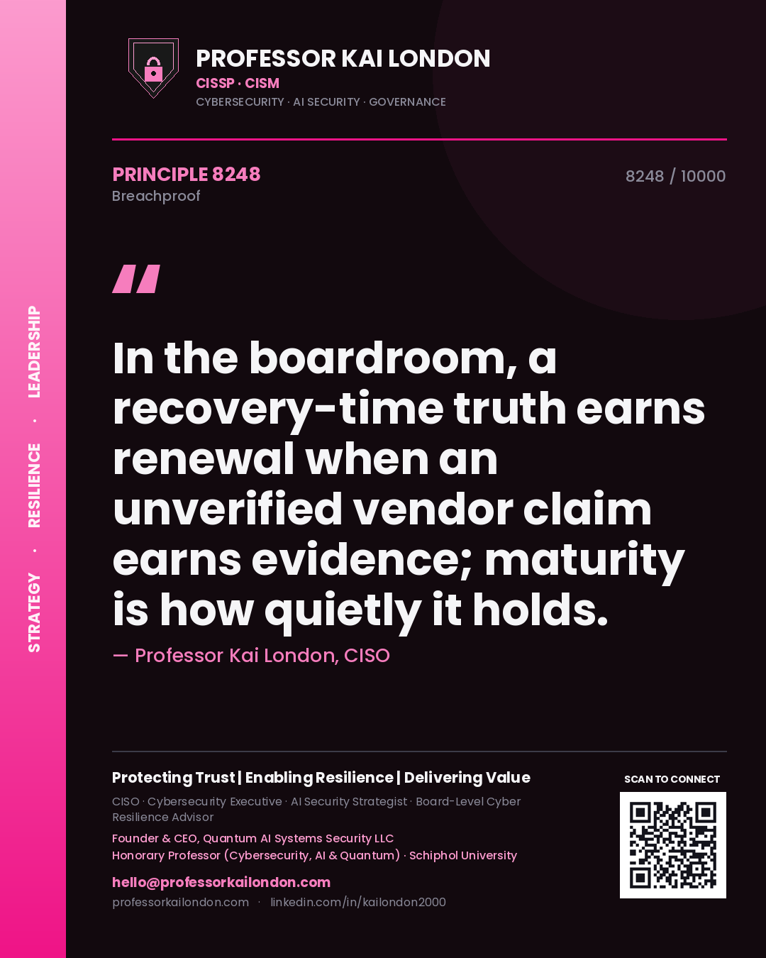 Professor Kai London principle 8248: In the boardroom, a recovery-time truth earns renewal when an unverified vendor claim earns evidence; maturity is how quietly it holds.