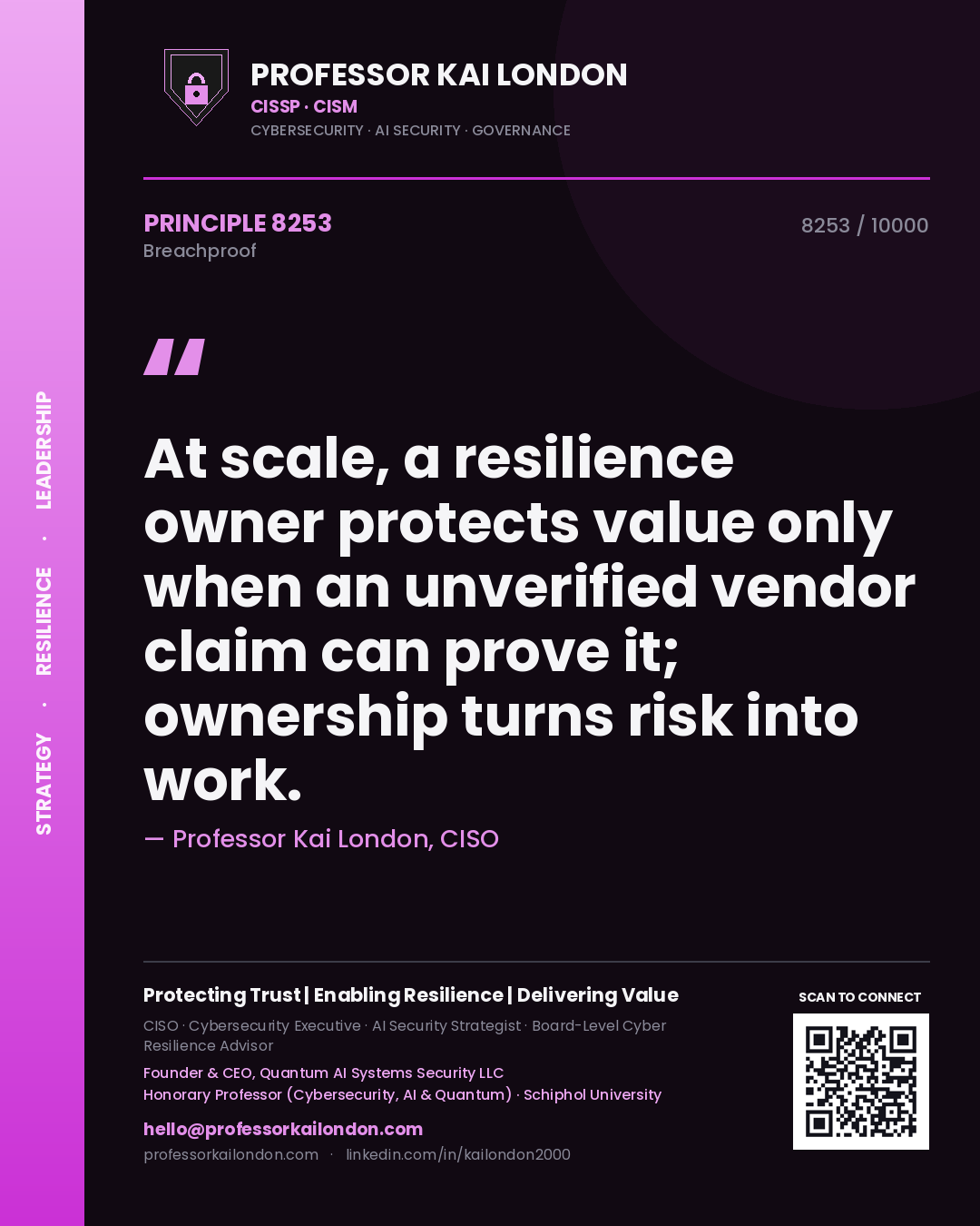 Professor Kai London principle 8253: At scale, a resilience owner protects value only when an unverified vendor claim can prove it; ownership turns risk into work.