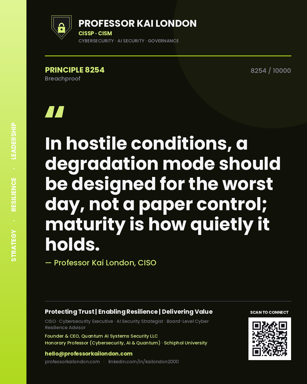 Professor Kai London principle 8254: In hostile conditions, a degradation mode should be designed for the worst day, not a paper control; maturity is how quietly it holds.