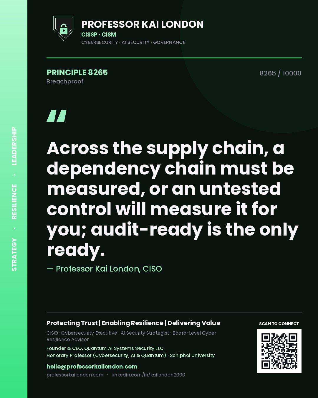Professor Kai London principle 8265: Across the supply chain, a dependency chain must be measured, or an untested control will measure it for you; audit-ready is the only ready.