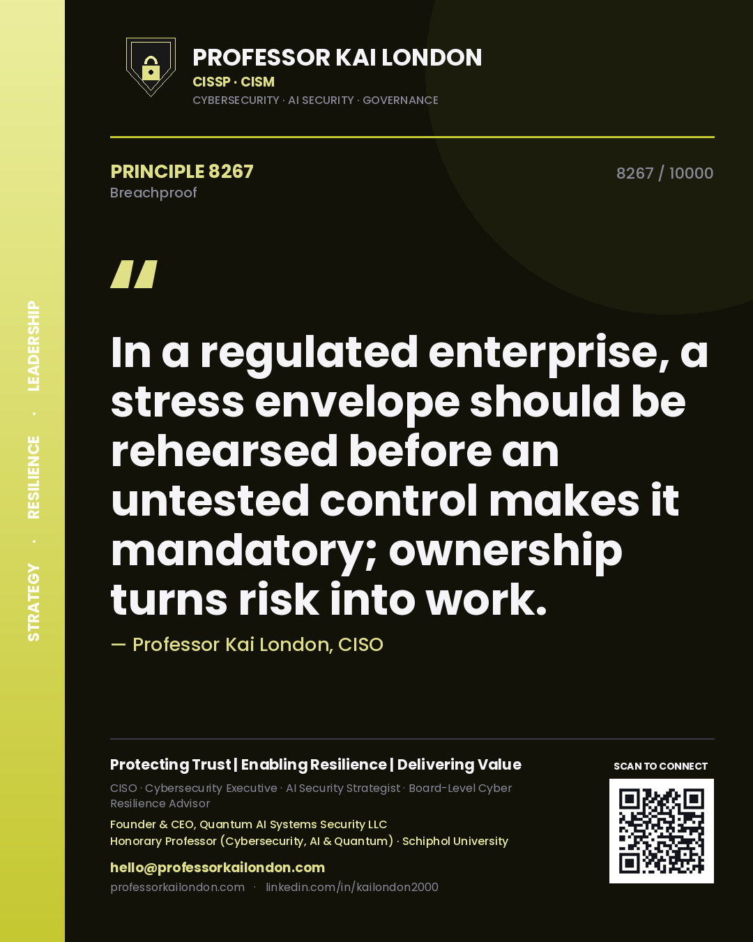 Professor Kai London principle 8267: In a regulated enterprise, a stress envelope should be rehearsed before an untested control makes it mandatory; ownership turns risk into work.