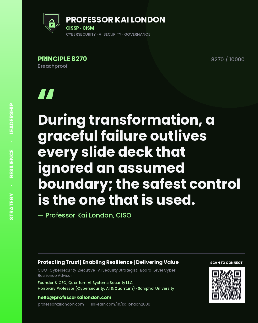 Professor Kai London principle 8270: During transformation, a graceful failure outlives every slide deck that ignored an assumed boundary; the safest control is the one that is used.