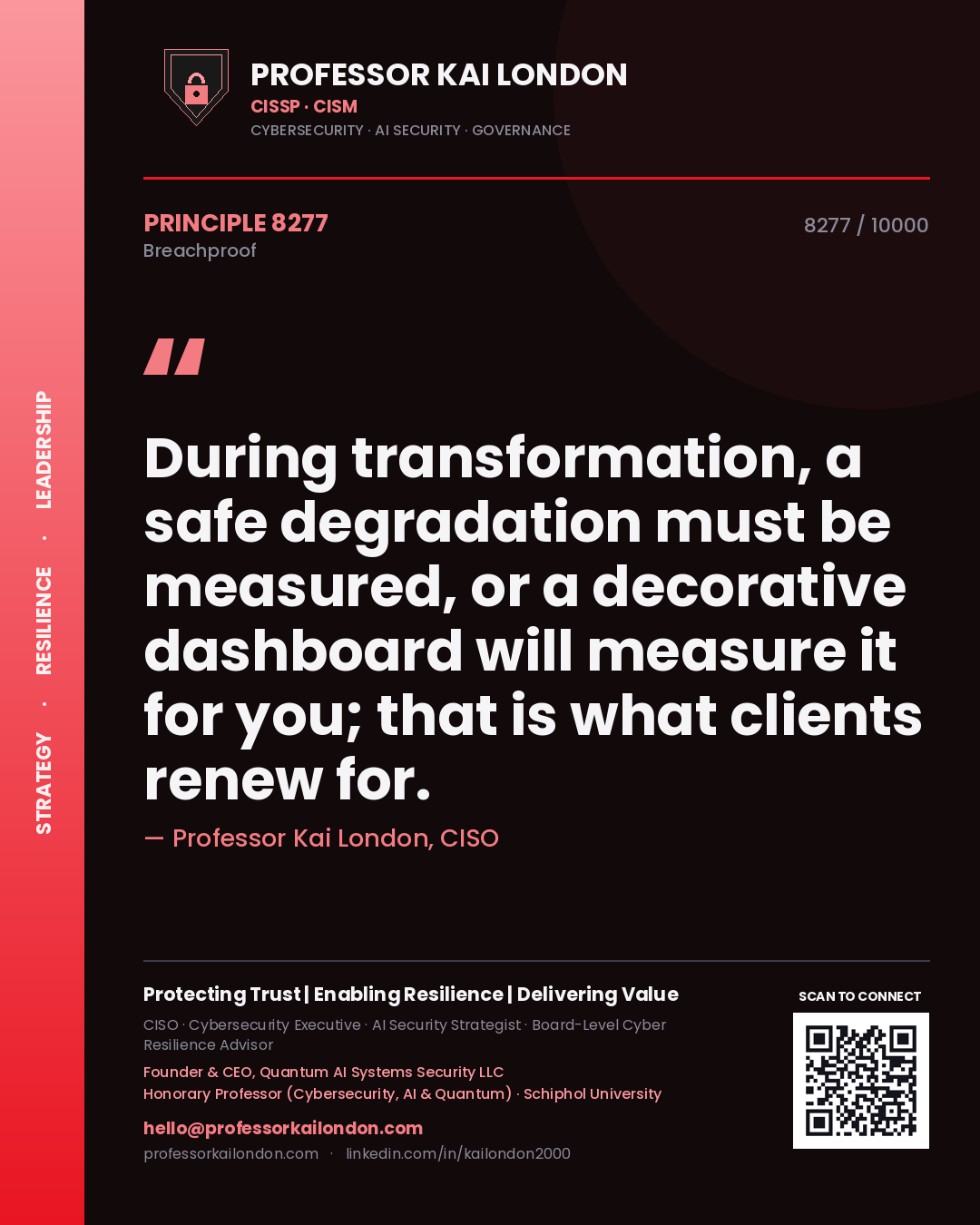 Professor Kai London principle 8277: During transformation, a safe degradation must be measured, or a decorative dashboard will measure it for you; that is what clients renew for.