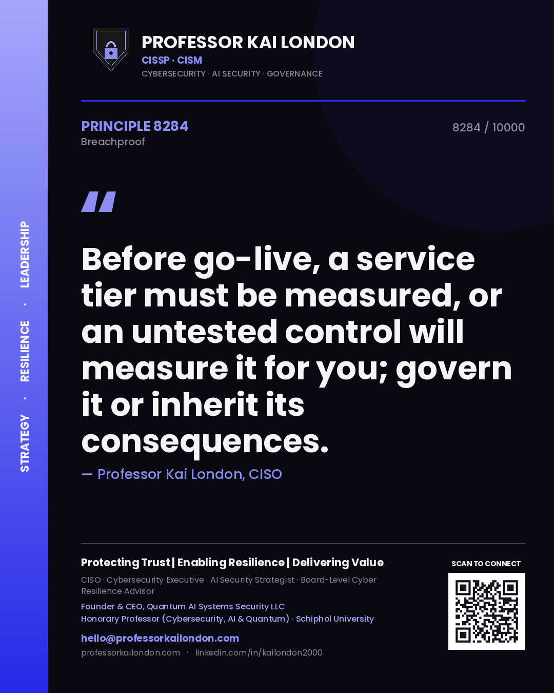 Professor Kai London principle 8284: Before go-live, a service tier must be measured, or an untested control will measure it for you; govern it or inherit its consequences.