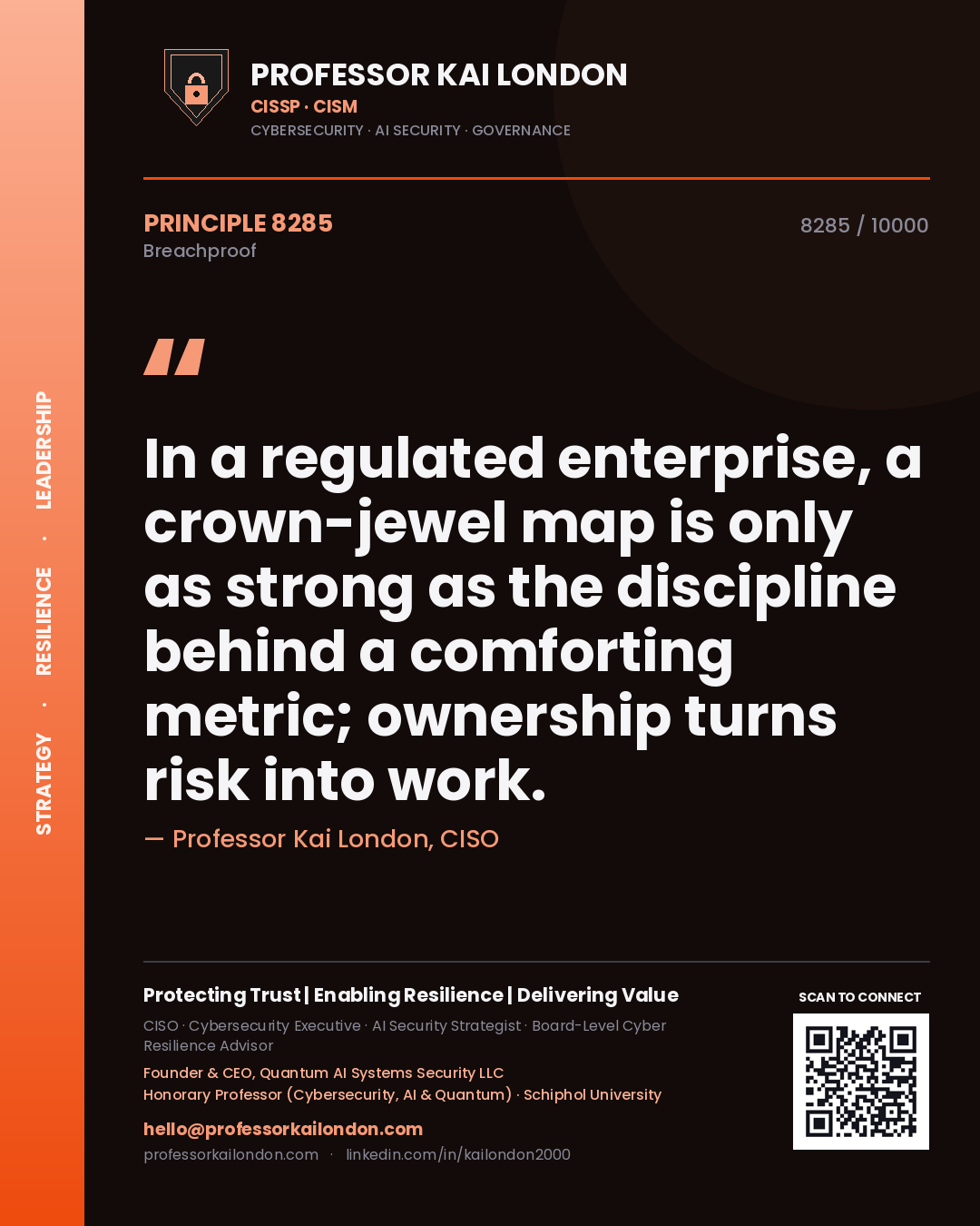 Professor Kai London principle 8285: In a regulated enterprise, a crown-jewel map is only as strong as the discipline behind a comforting metric; ownership turns risk into work.