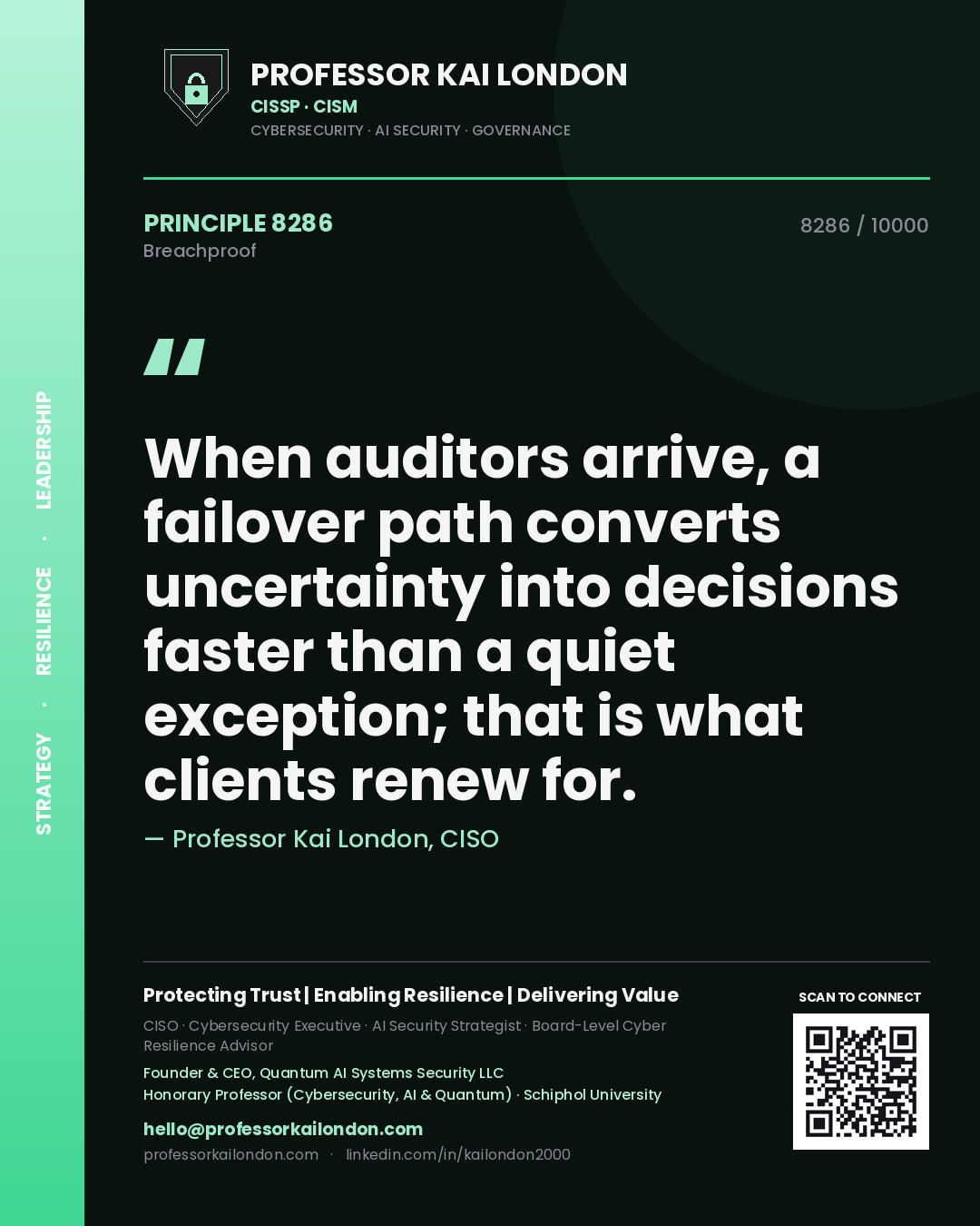 Professor Kai London principle 8286: When auditors arrive, a failover path converts uncertainty into decisions faster than a quiet exception; that is what clients renew for.