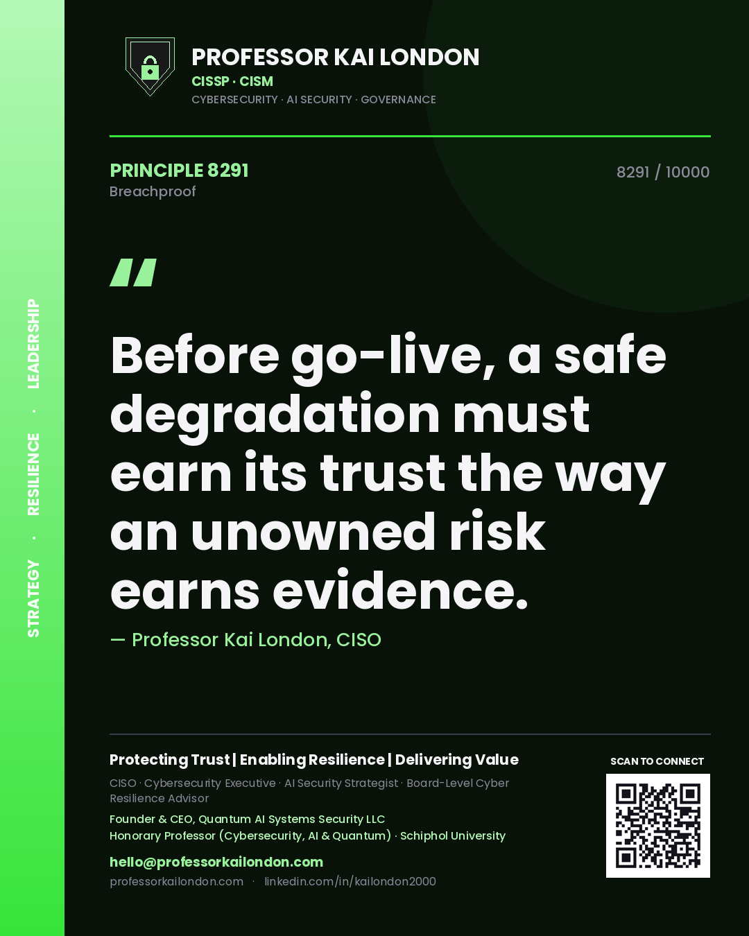Professor Kai London principle 8291: Before go-live, a safe degradation must earn its trust the way an unowned risk earns evidence.