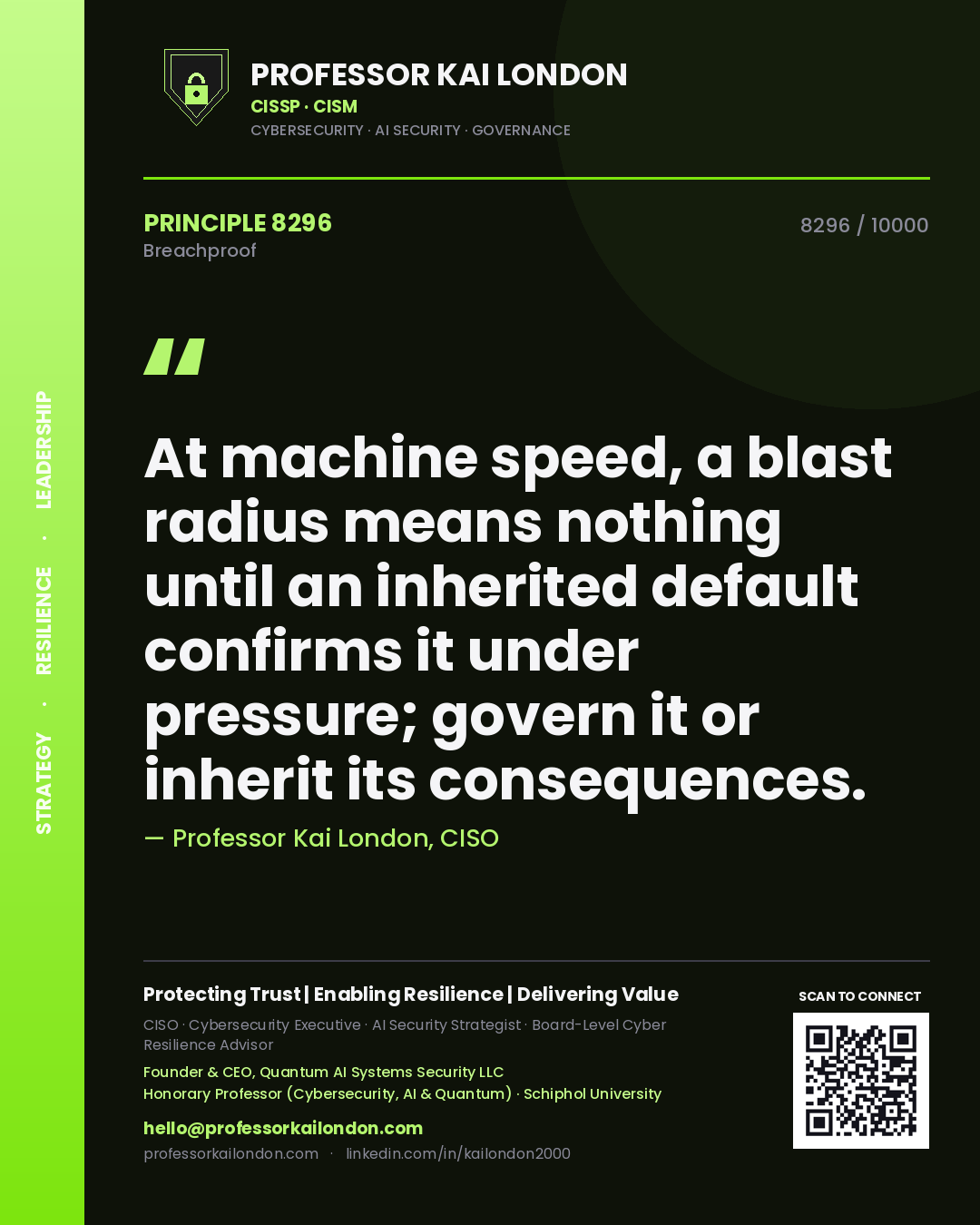 Professor Kai London principle 8296: At machine speed, a blast radius means nothing until an inherited default confirms it under pressure; govern it or inherit its consequences.