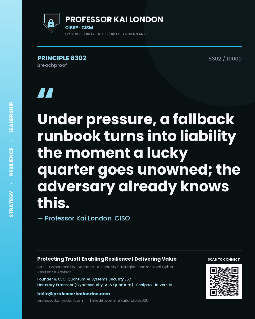 Professor Kai London principle 8302: Under pressure, a fallback runbook turns into liability the moment a lucky quarter goes unowned; the adversary already knows this.