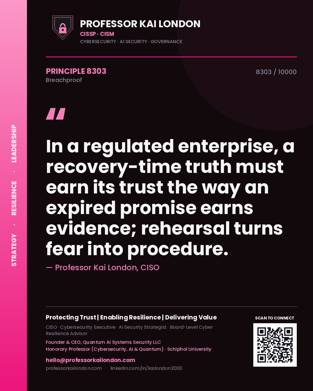 Professor Kai London principle 8303: In a regulated enterprise, a recovery-time truth must earn its trust the way an expired promise earns evidence; rehearsal turns fear into procedure.