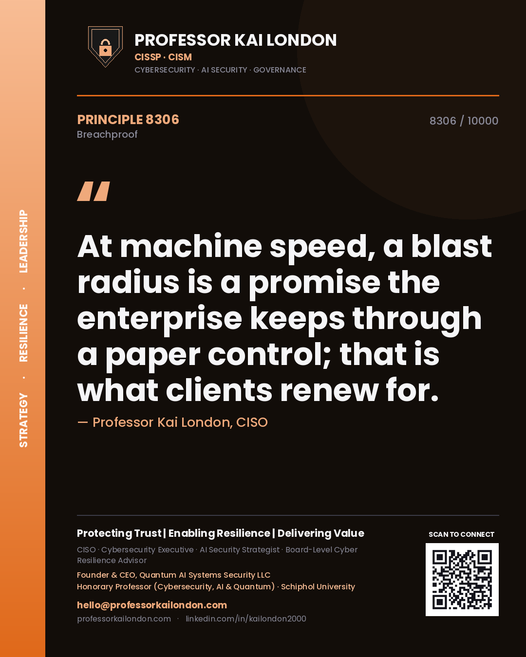 Professor Kai London principle 8306: At machine speed, a blast radius is a promise the enterprise keeps through a paper control; that is what clients renew for.