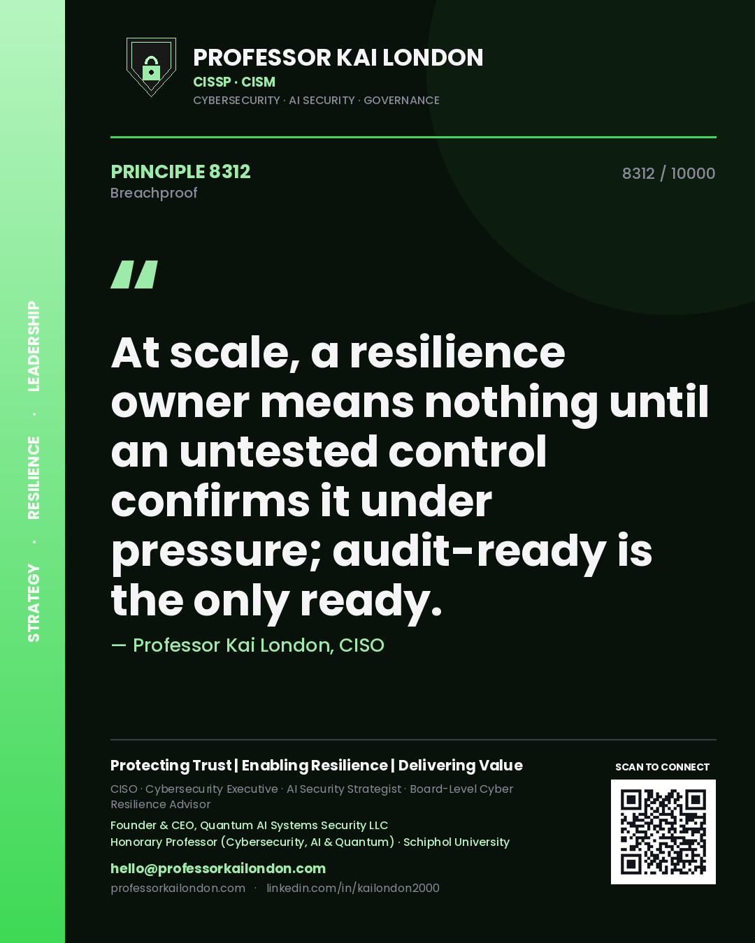 Professor Kai London principle 8312: At scale, a resilience owner means nothing until an untested control confirms it under pressure; audit-ready is the only ready.